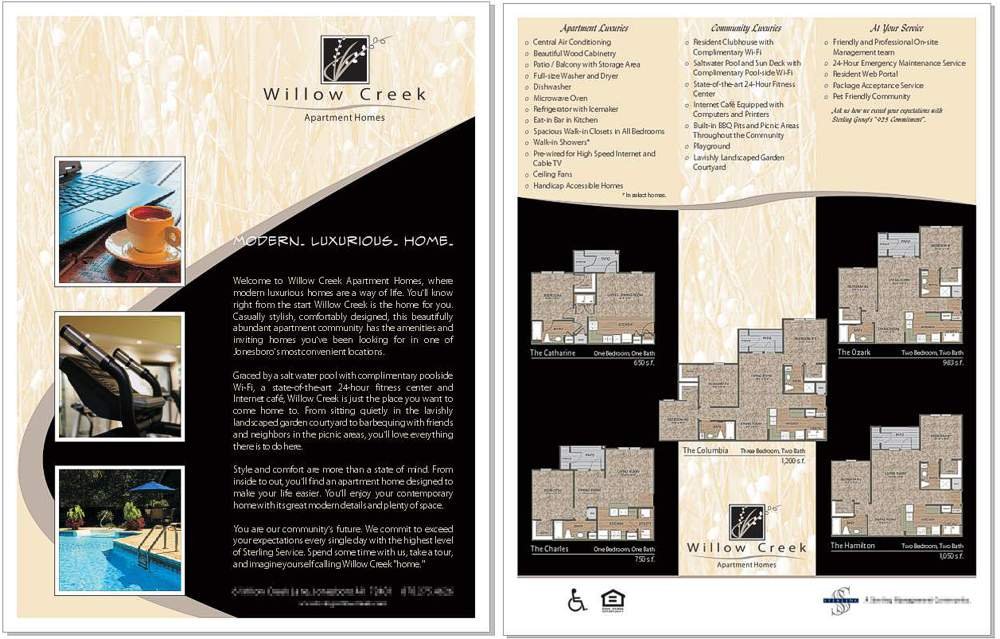 MARKETING SHEET FOR APARTMENT COMPLEX -
Two-page full color marketing sheet takes advantage of my logo design by repeating the curved element of the logo as the main compositional element on the front page. The back page contains marketing traceover
