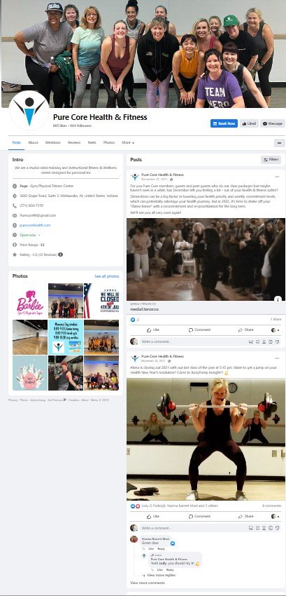 Social Media Development (Pure Core Facebook Page) -
As part of the business development and growth, social media was vital at Pure Core Health & Fitness. Facebook was key for promotions, stories, videos, and events, and helped frame the "culture" o
