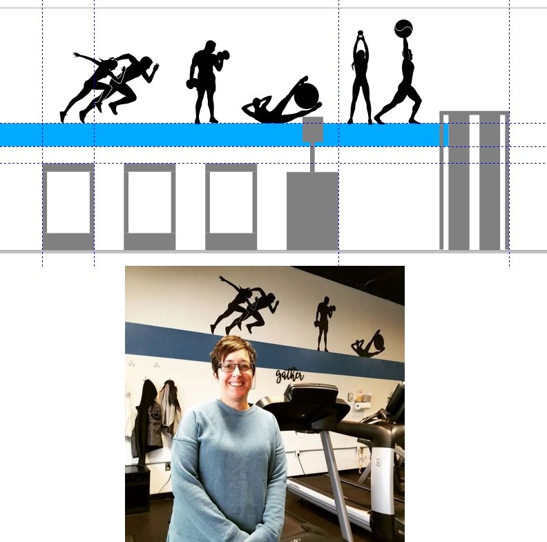 WALL GRAPHICS -
Designed wall graphics that visually identified segments of the Training Center - from L to R, cardio machines, middle area for misc. free weights, and right area for heavy weights, cable machine, and squat rack area. Projected artw