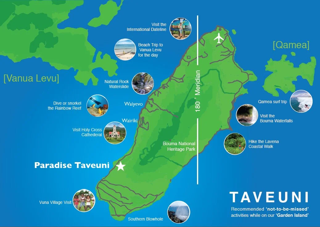 Map of Taveuni, Fiji, highlighting popular activities and landmarks, including beaches, waterfalls, waterfalls, a coral reef for snorkeling, waterfalls, a coastal walk, and cultural sites.