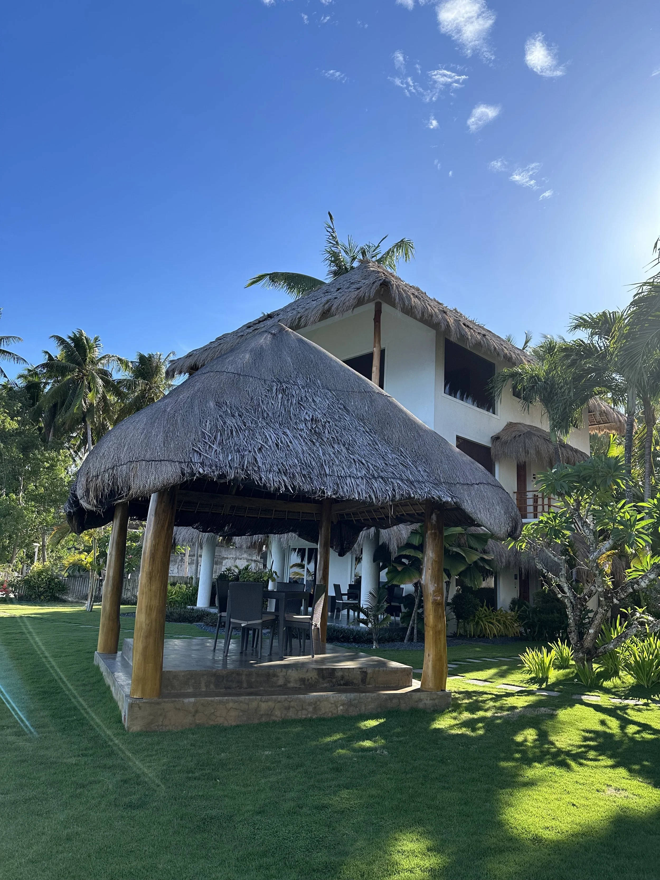 A tropical house with a thatched roof, surrounded by palm trees and greenery, under a clear blue sky.