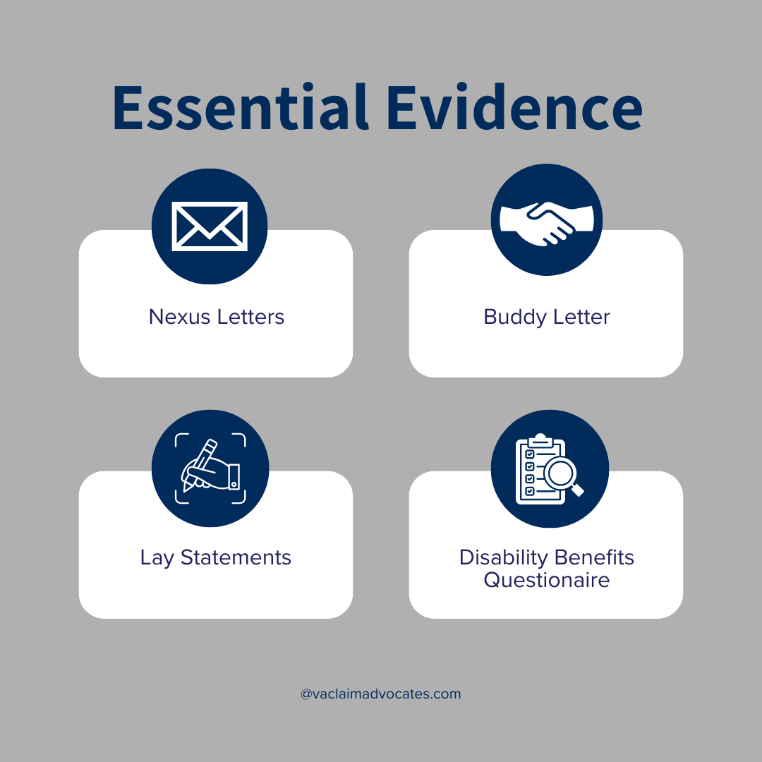 Infographic summarizing best evidence for a VA sleep apnea claim: nexus letters, buddy and lay statements, and DBQs