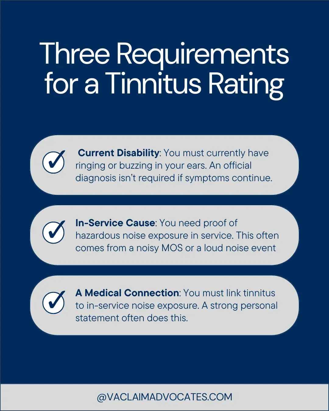 Infographic showing the three requirements for a VA tinnitus disability rating