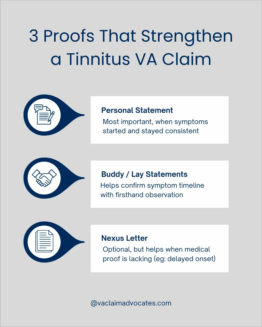 Infographic highlighting the most important evidence needed for a VA tinnitus rating