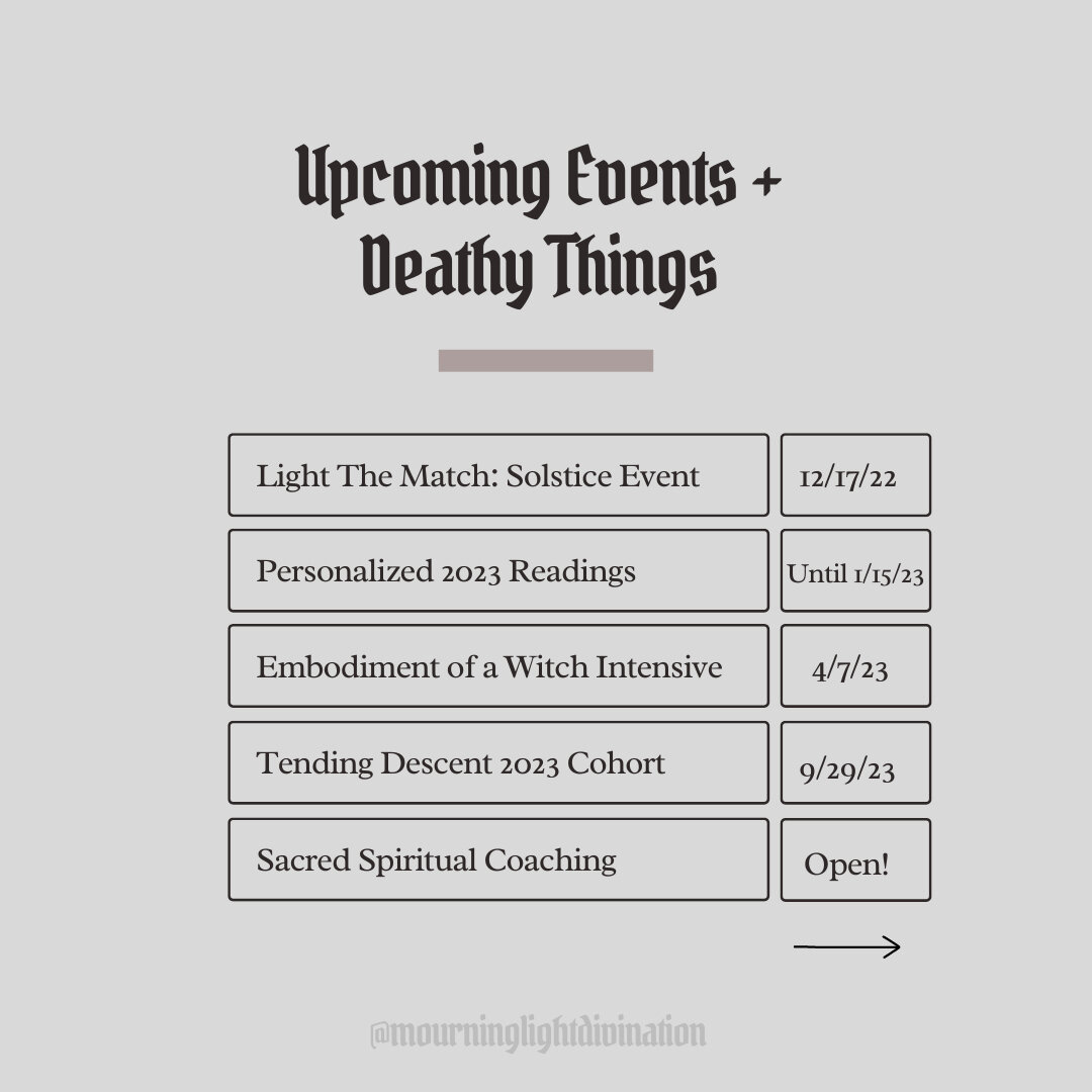 We've got some upcoming events and new deathy things abound at MLD! 💀⁣
⁣
12/17 ~ Light the Match: Solstice Gathering &amp; Intention Setting⁣
Join me and other magical beings in your community for a two-hour event reflecting and honoring all you&rsq