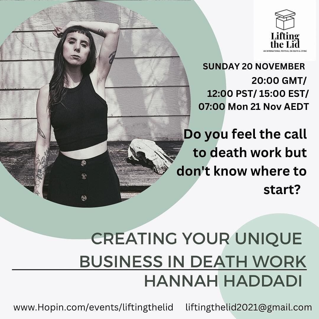 Do you feel the call to death work but don't know where to start? Want to start your unique death worker business but need help bringing it to fruition? 

On Sunday 20 November from 1-2pm Mountain Time, join me for a 60 minute panel where we will dis