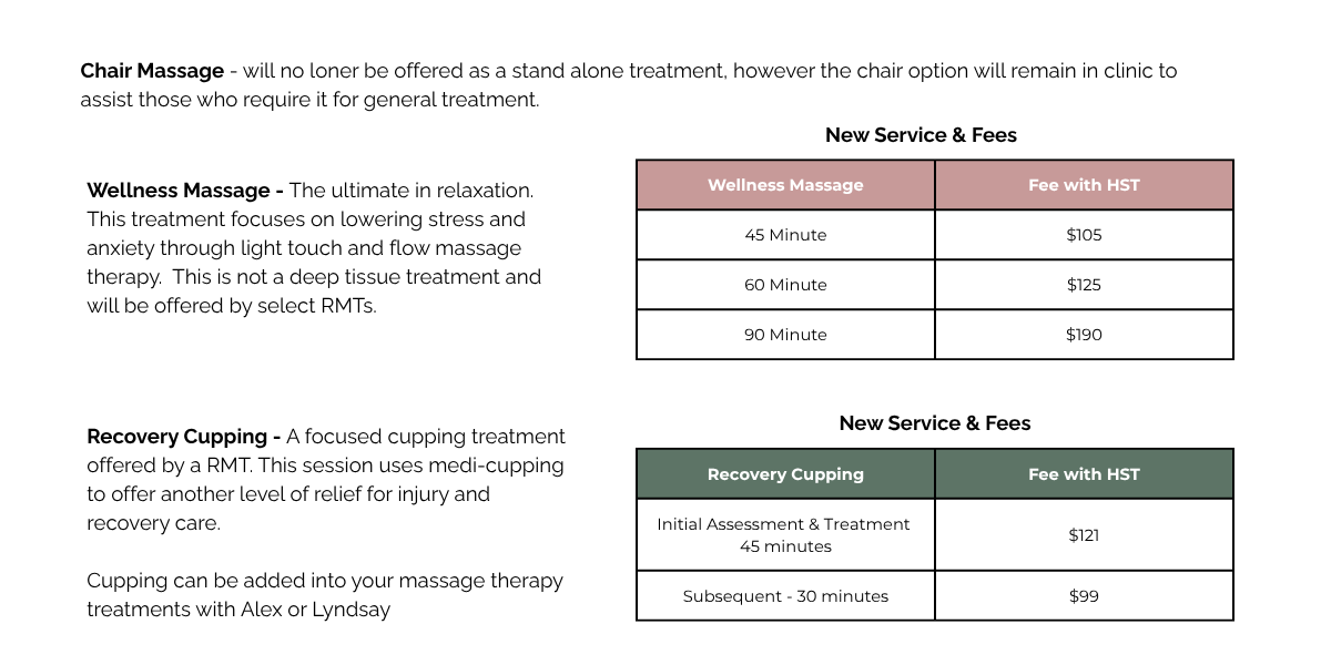 A table listing wellness massage services and fees, including 45, 60, and 90-minute options with prices, and recovery cupping sessions with initial assessment and 30-minute follow-up, with respective prices.