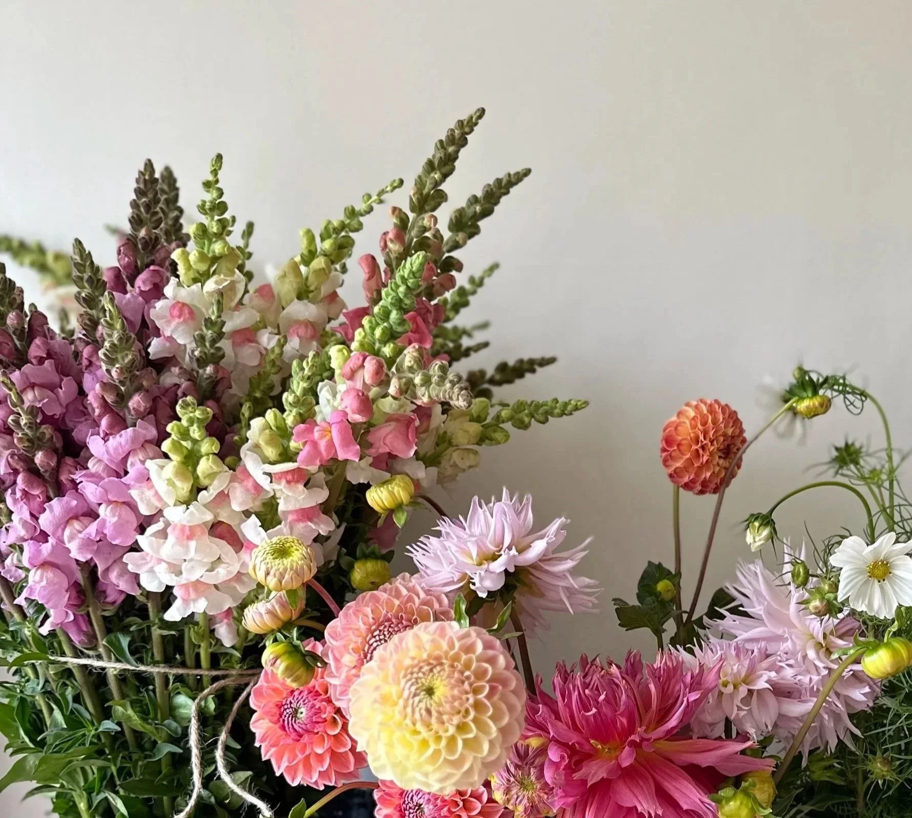 Seasonal wedding flowers grown in Bradford on Avon, arranged in a loose romantic style