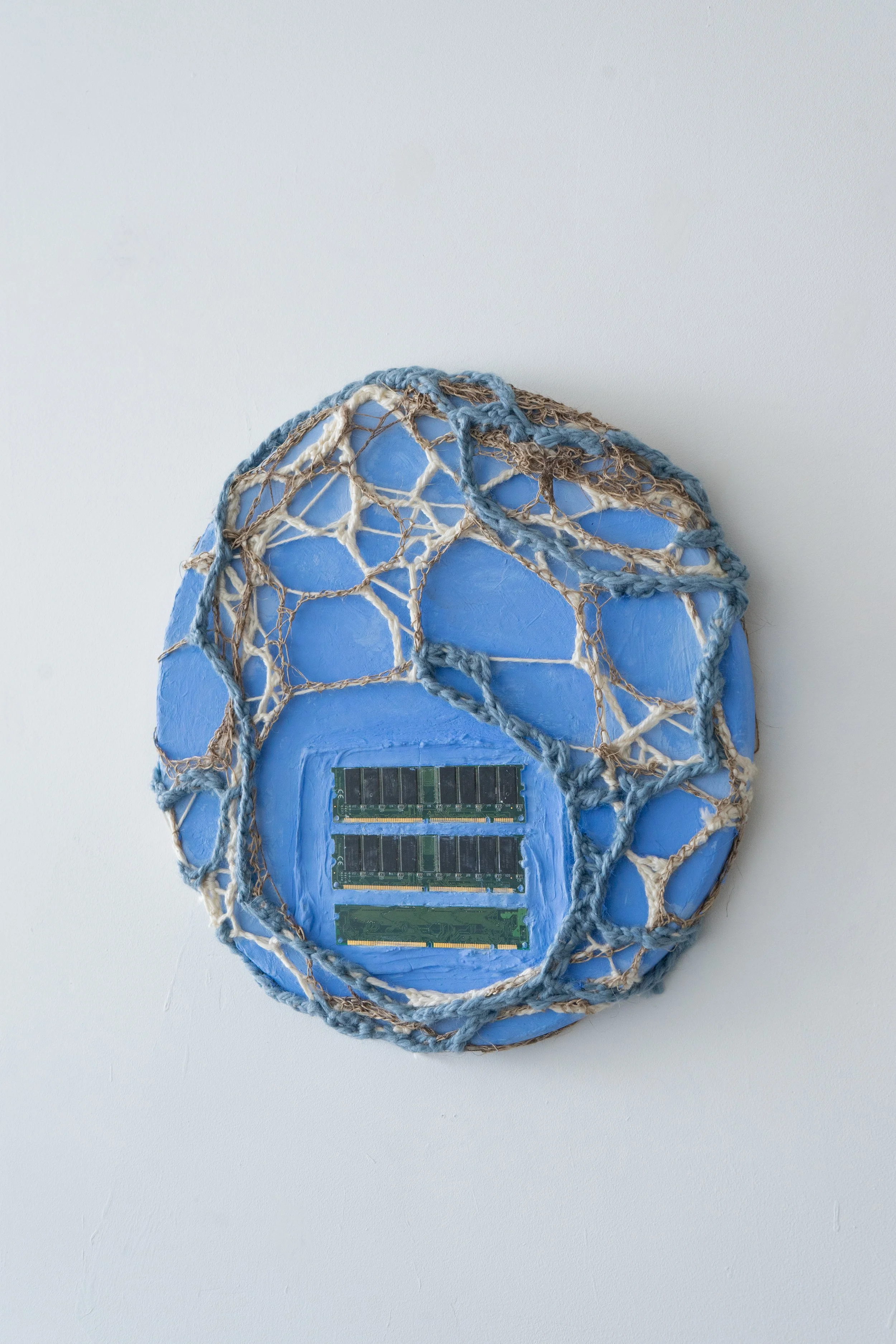 ‘Network’
Tech waste, Acrylic, Plancha, Spun Alpaca Fiber and Recycled Polyester Acrylic Yarn on Round Canvas.
Wall Hanging Mixed Media Sculpture.