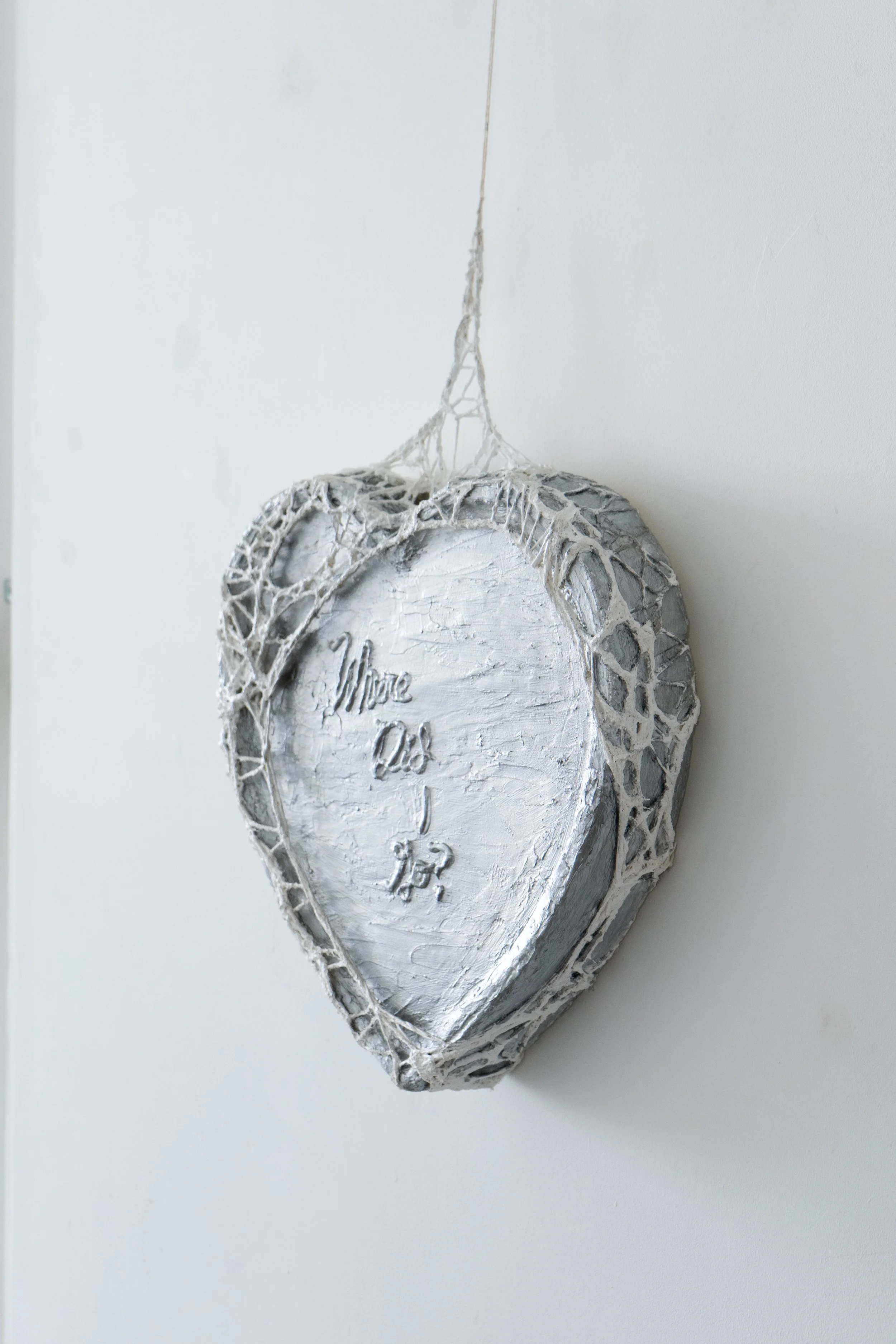 'Where did I go? '
Styrofoam Heart encased in acrylic, enamel, and mixed content fiber.
Wall Hanging Textile Sculpture.