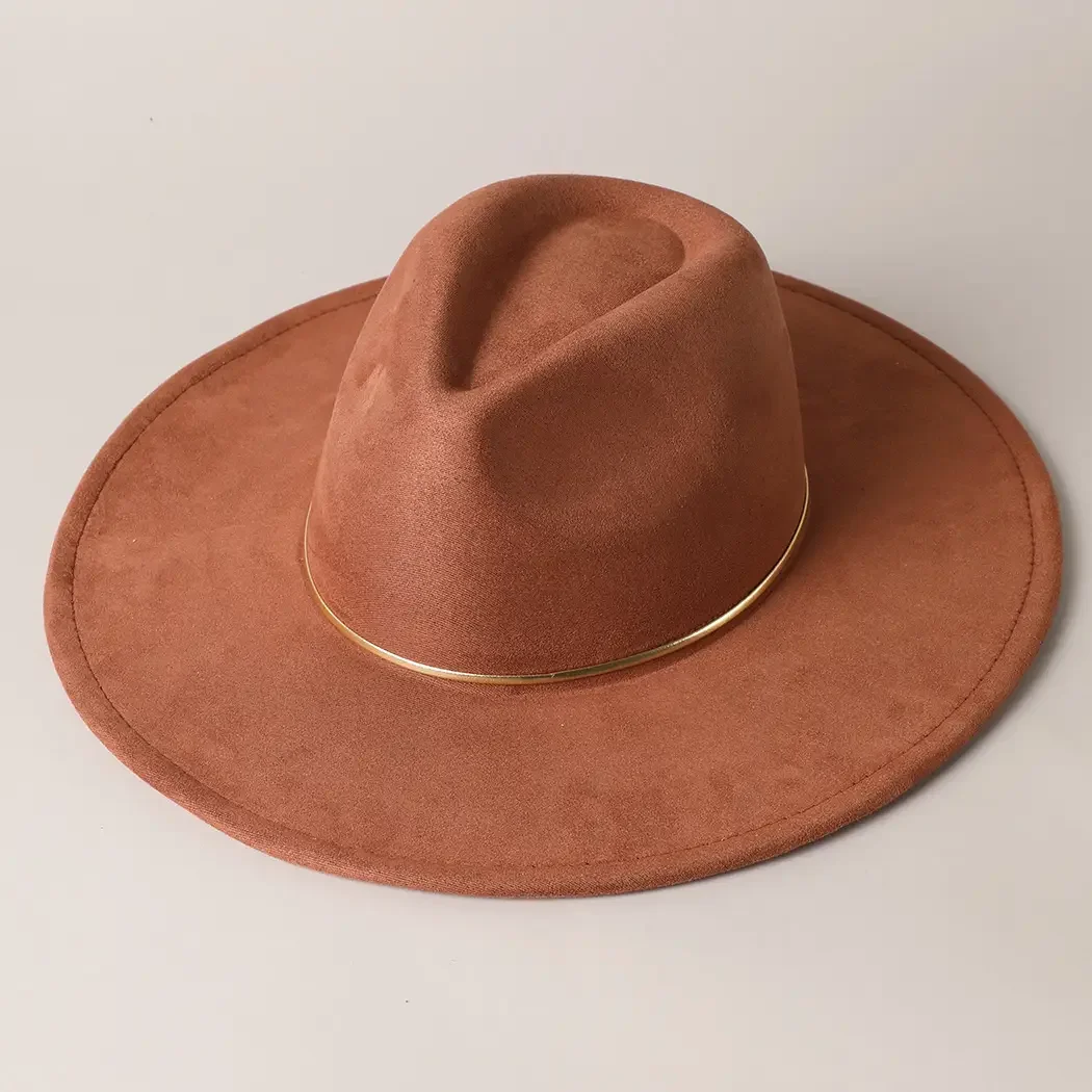 Gold Belt Brown Suede Fedora Hat