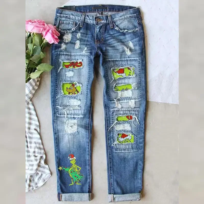 Women's Distressed Straight Leg Christmas Jeans