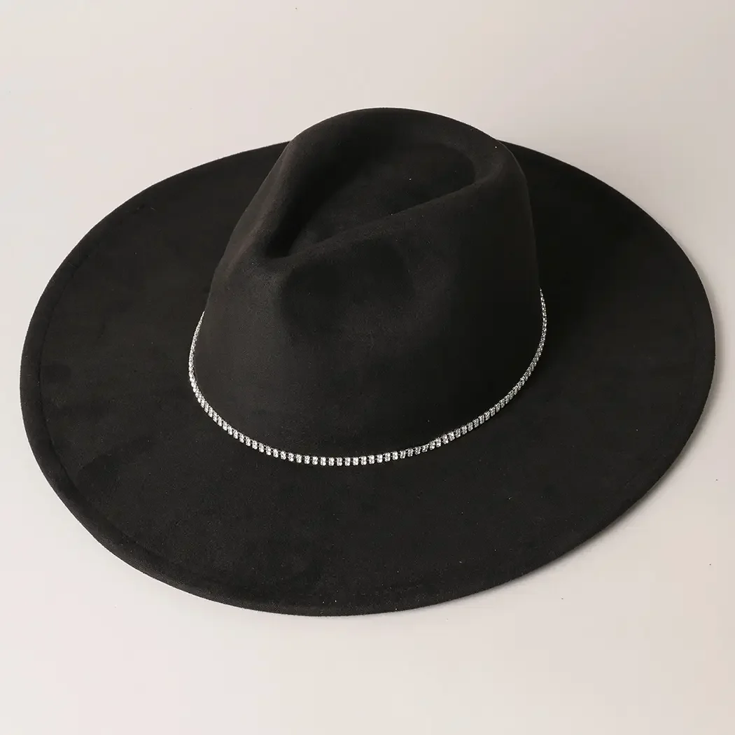 Black Rhinestone Flat Fedora Hat