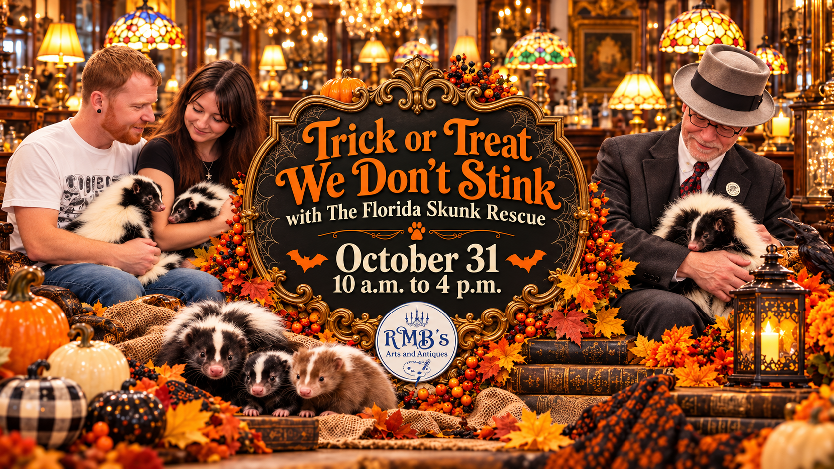 Halloween event at RMB's Arts & Antiques in Spring Hill, Florida, featuring The Florida Skunk Rescue. Trick or Treat, We Don't Stink, October 31, 10 a.m. to 4 p.m., with skunks, pumpkins, and festive antique shop decorations.