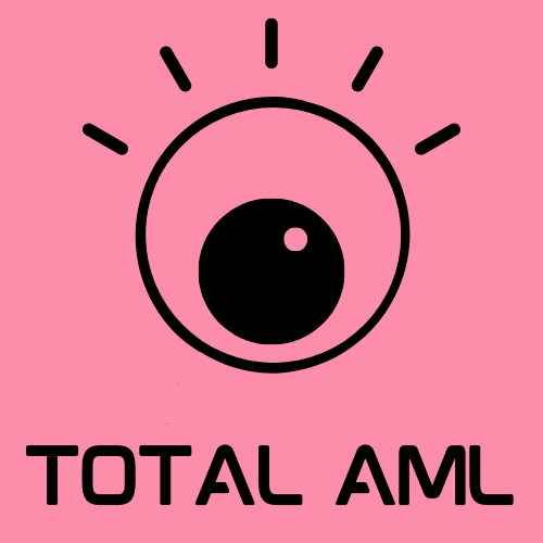 Total AML Logo. A stylized black eye with radiating lines on a pink background, with the words "TOTAL AML" written below.
