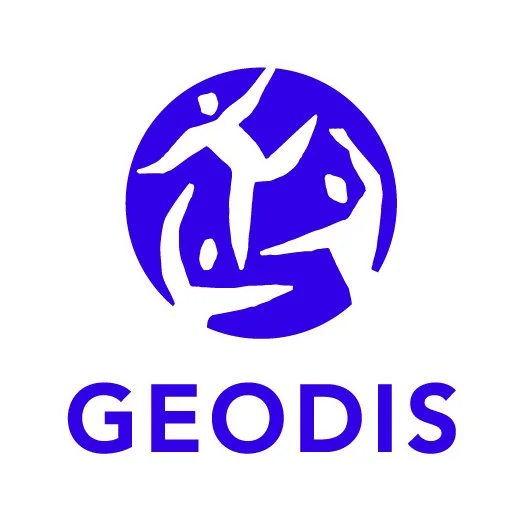 Geodis Logo The logo features stylized human figures inside a blue circle above the word "GEODIS" in bold blue letters.