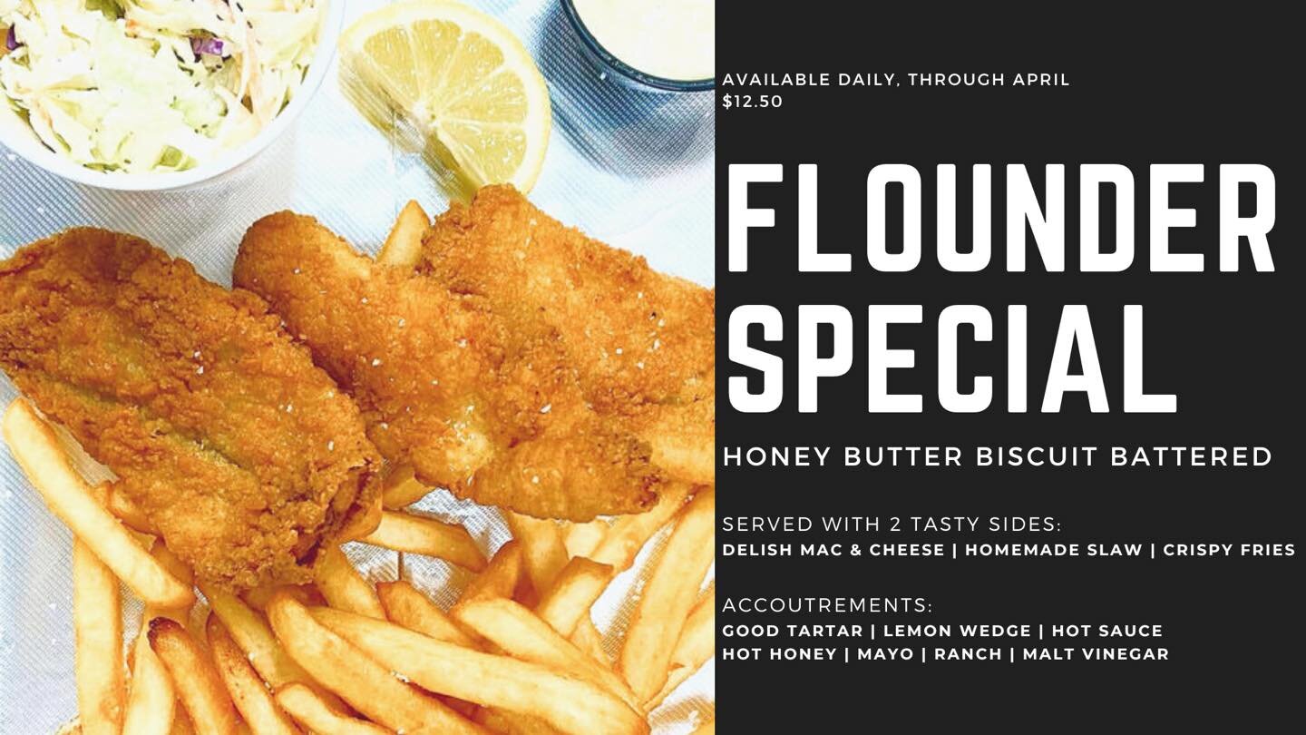 🐟Fish on Friday at Frydae🐟
Don&rsquo;t forget&hellip; we&rsquo;ve got this tasty Flounder dinner today, and everyday, through April 1st! Served with two sides and the best homemade tartar. 
$12.50