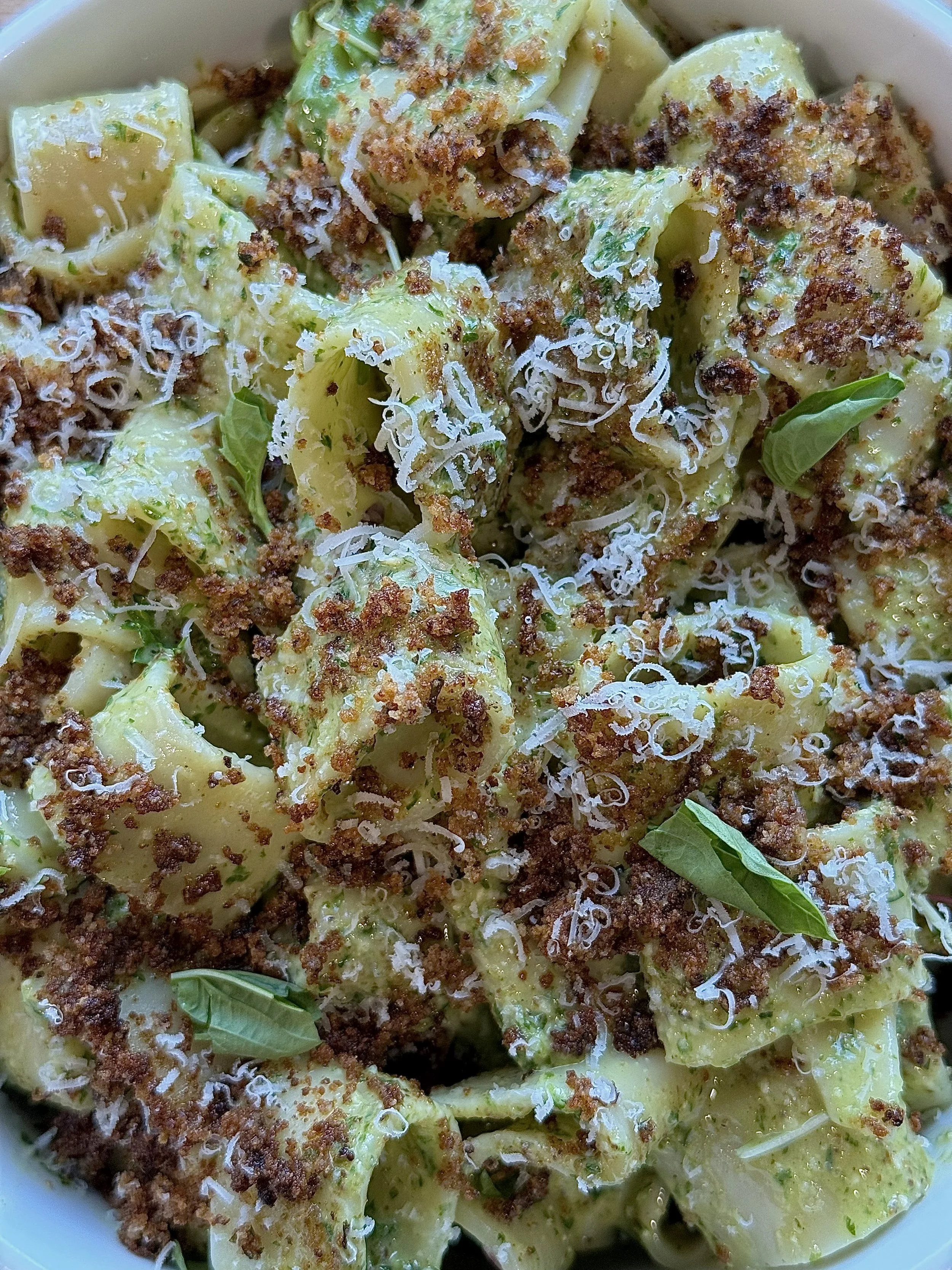 basil pesto rigatoni with toasted breadcrumbs