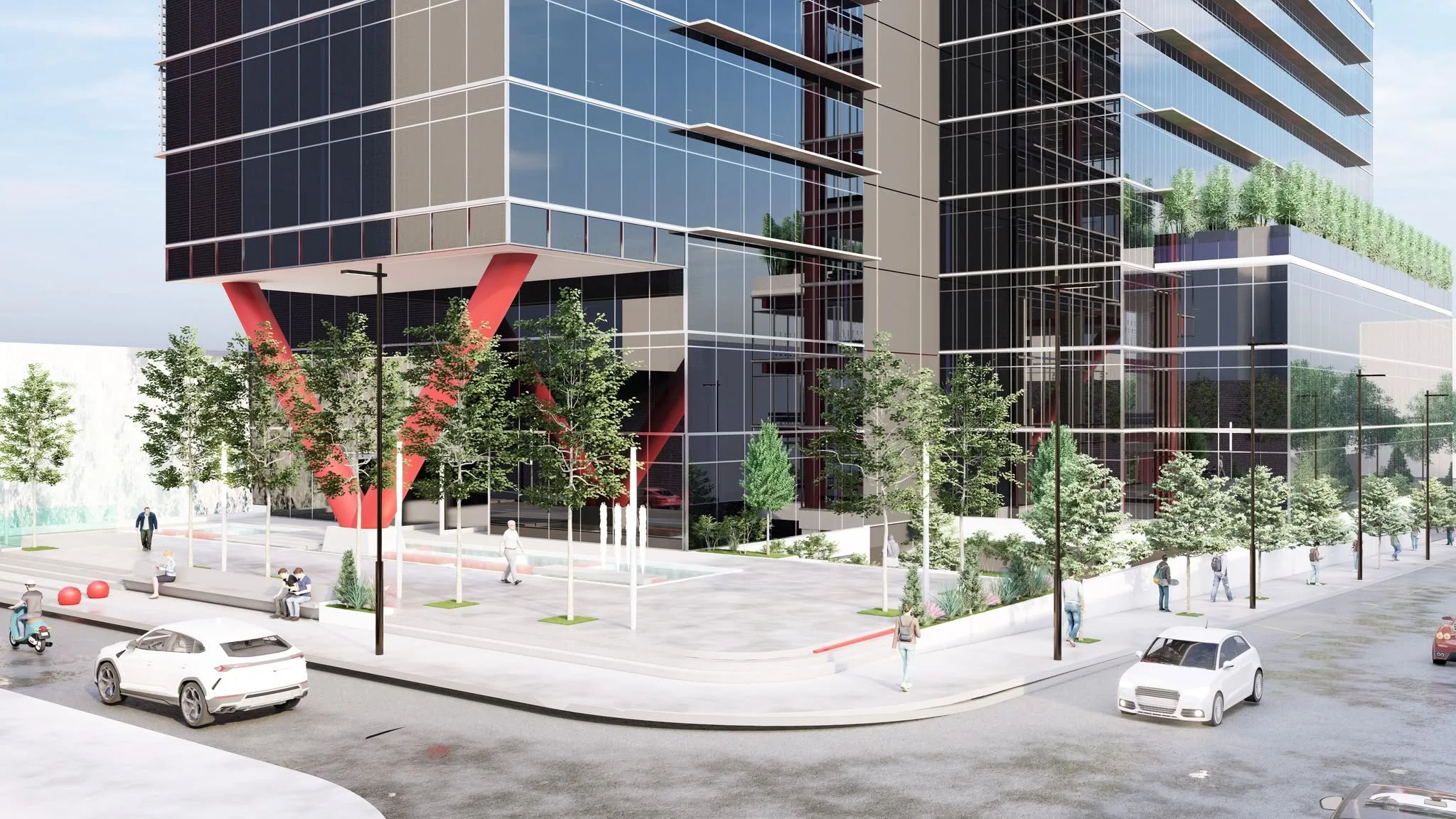 Render de un edificio moderno de vidrio con áreas verdes en la azotea, ubicado en una ciudad con calles peatonales y autos estacionados ubicado en Z.9 Guatemala. Anteproyecto de un edificio