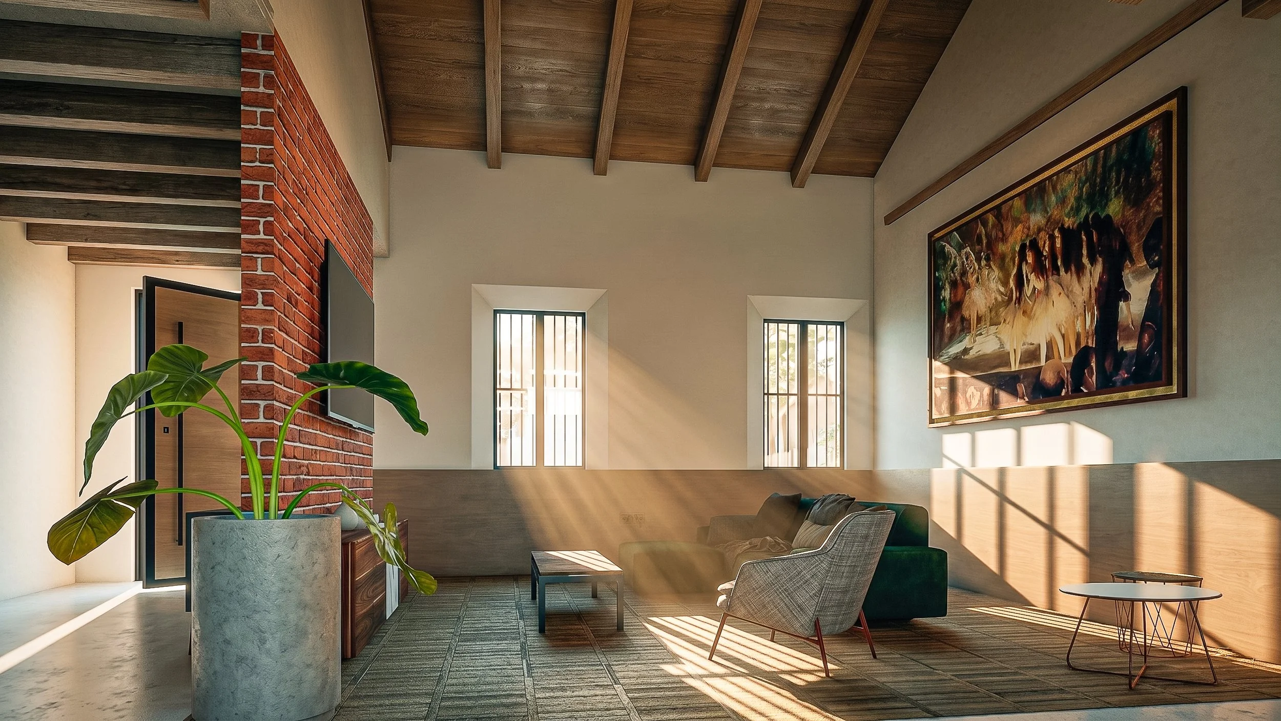 Interior de una clase de umg antigua guatemala vacía con ventanas grandes y puertas de vidrio, piso de baldosas y techo de paneles.