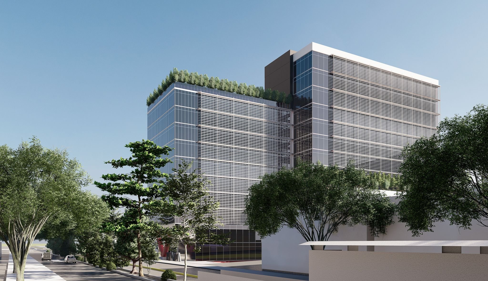 Render Arquitectónico de un edificio moderno de vidrio con áreas verdes en la azotea, árboles en la vía pública, vehículos en la calle y cielo despejado. Anteproyecto de un edificio
