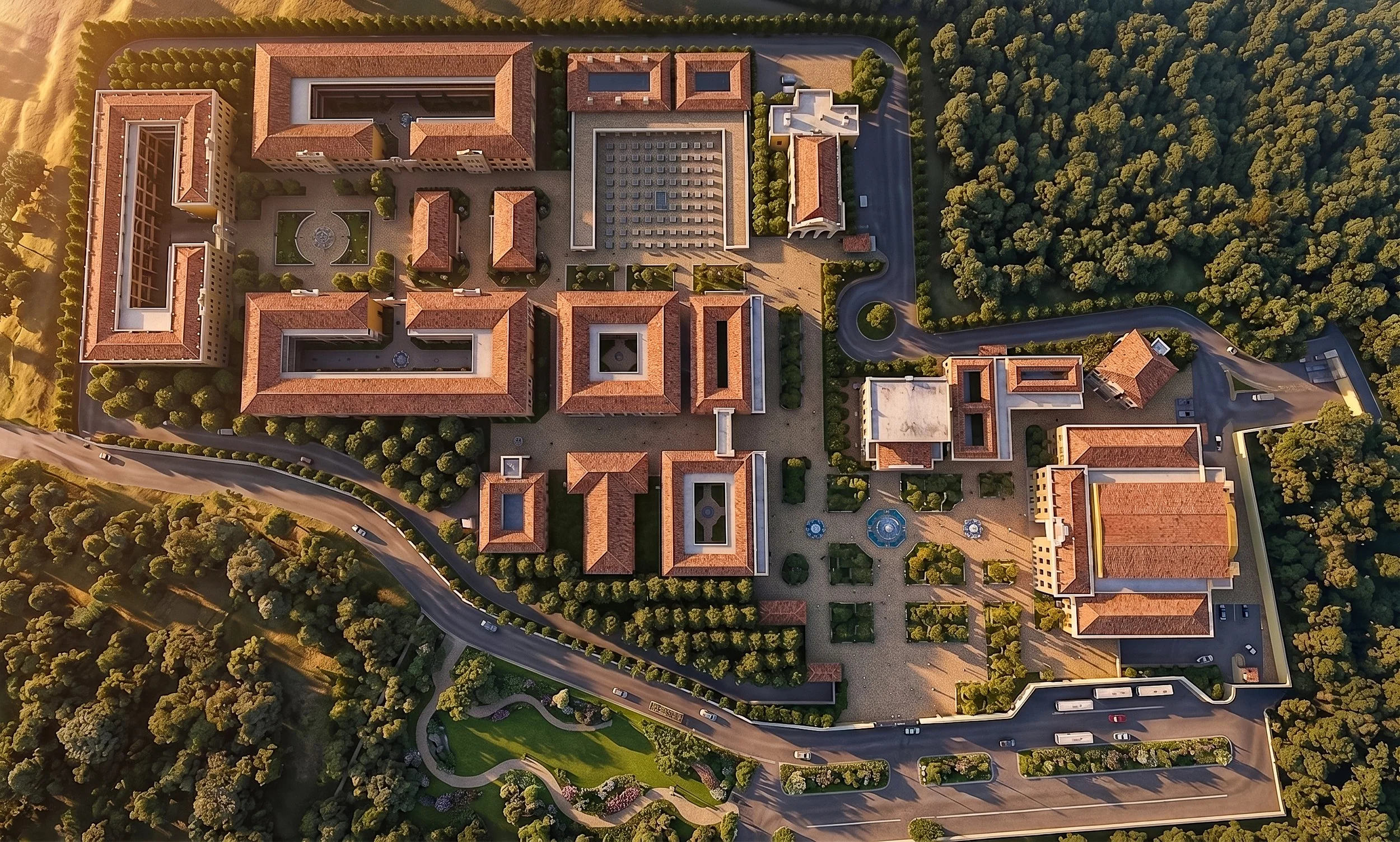 Vista aérea de un complejo de edificios con arquitectura moderna, áreas verdes y caminos pavimentados, rodeado de árboles y naturaleza. UMG Jocotenango UMG Antigua Diseñado por Atelier Oficina de Arquitectura Antigua Guatemala