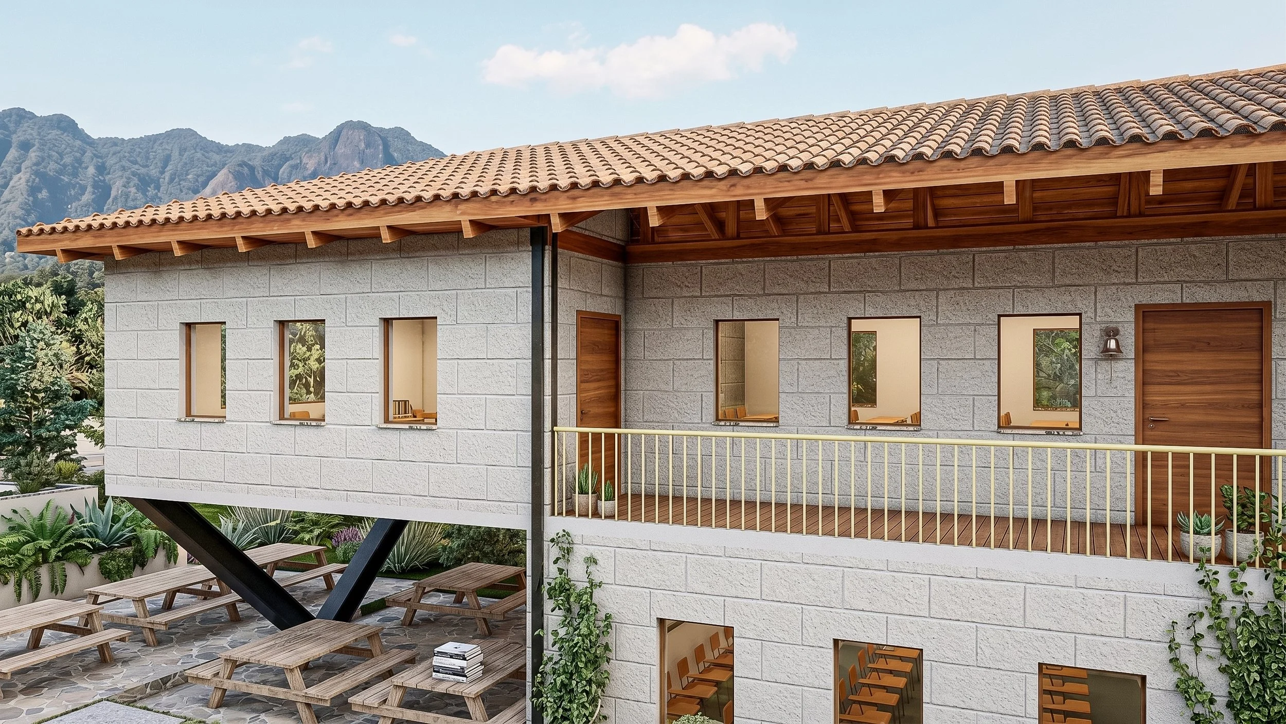 Vista de un complejo de apartamentos con patios de césped, áreas de descanso con mesas de picnic y un diseño moderno con ventanas y balcones en una estructura de múltiples pisos.