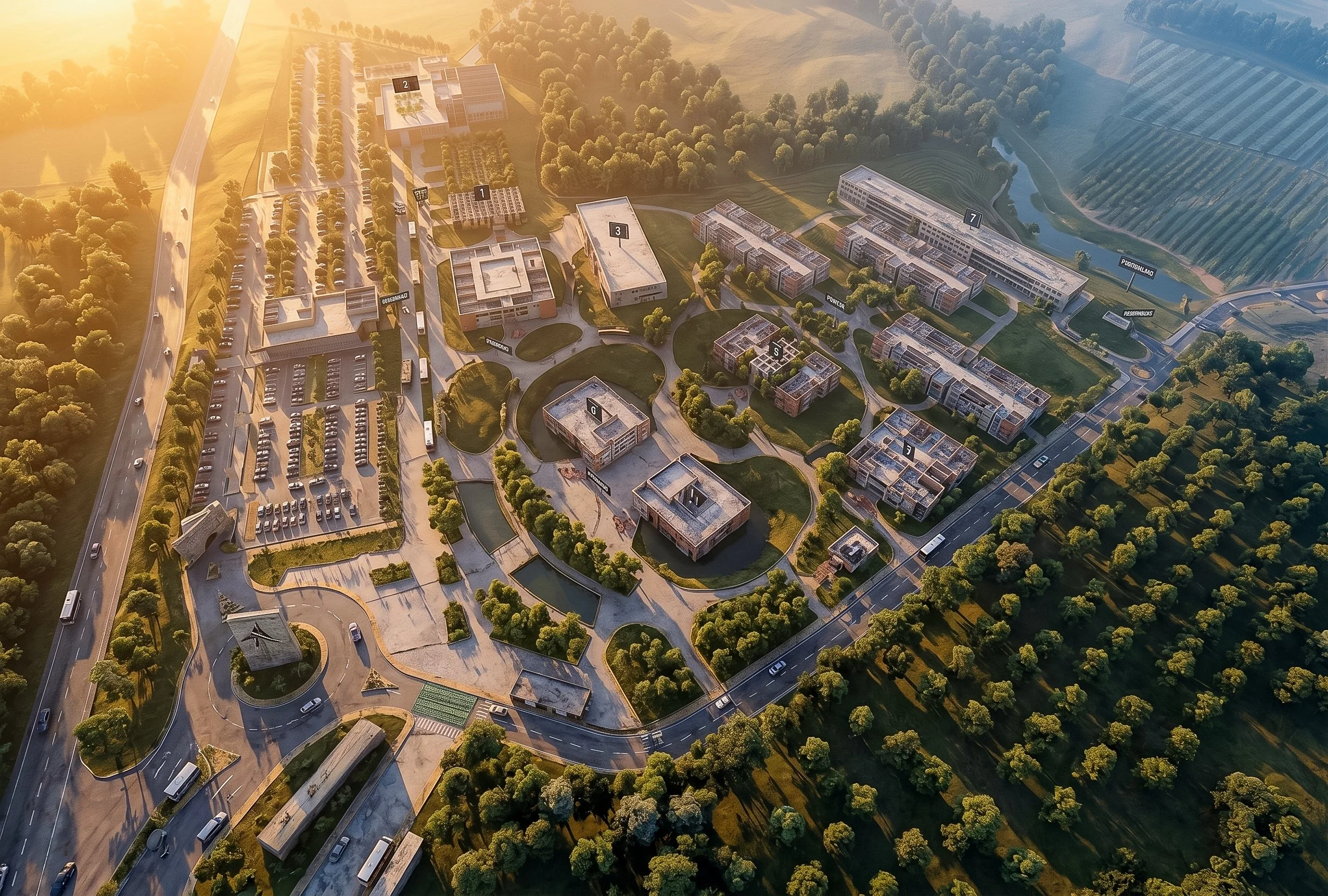 Vista aérea de un campus universitario rodeado de árboles y caminos, con varios edificios y áreas verdes, al atardecer.