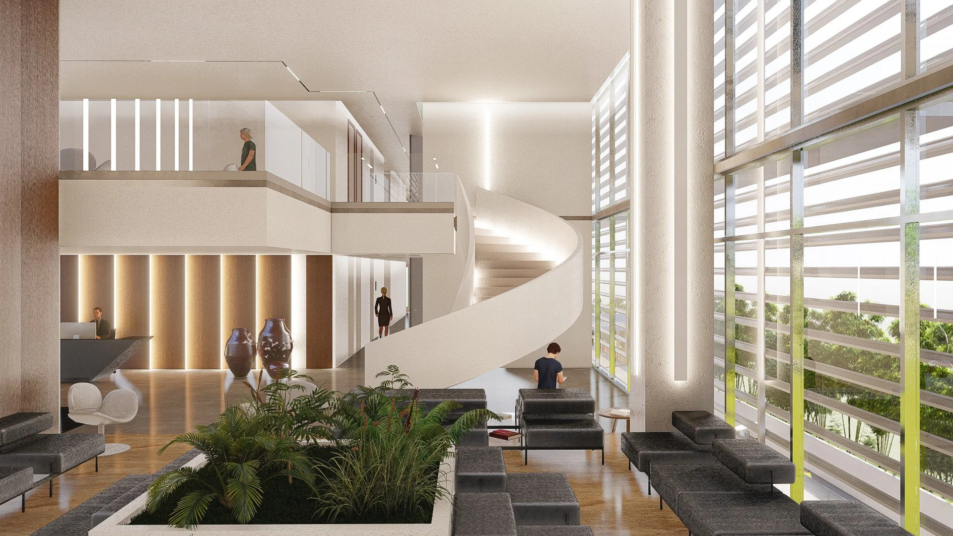 Render Arqui del Interior de un edificio moderno con vestíbulo amplio, sillones negros, plantas verdes, una escalera de caracol blanca, paredes con paneles de madera y ventanas grandes con celosías horizontales. Personas en la recepción Anteproyecto 
