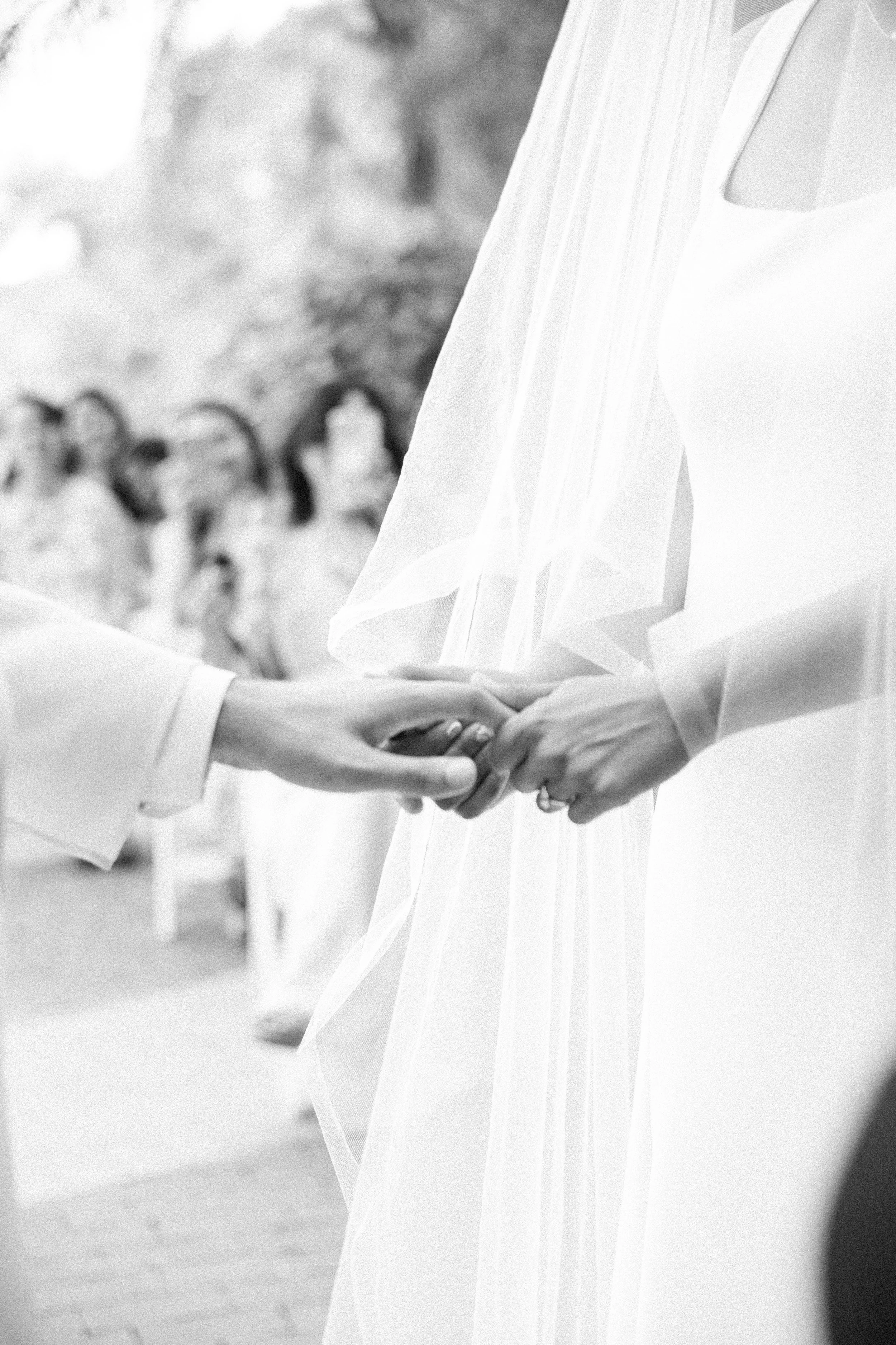 A black and white photo of two brides holding hands during a wedding ceremony, with a blurred background of guests.