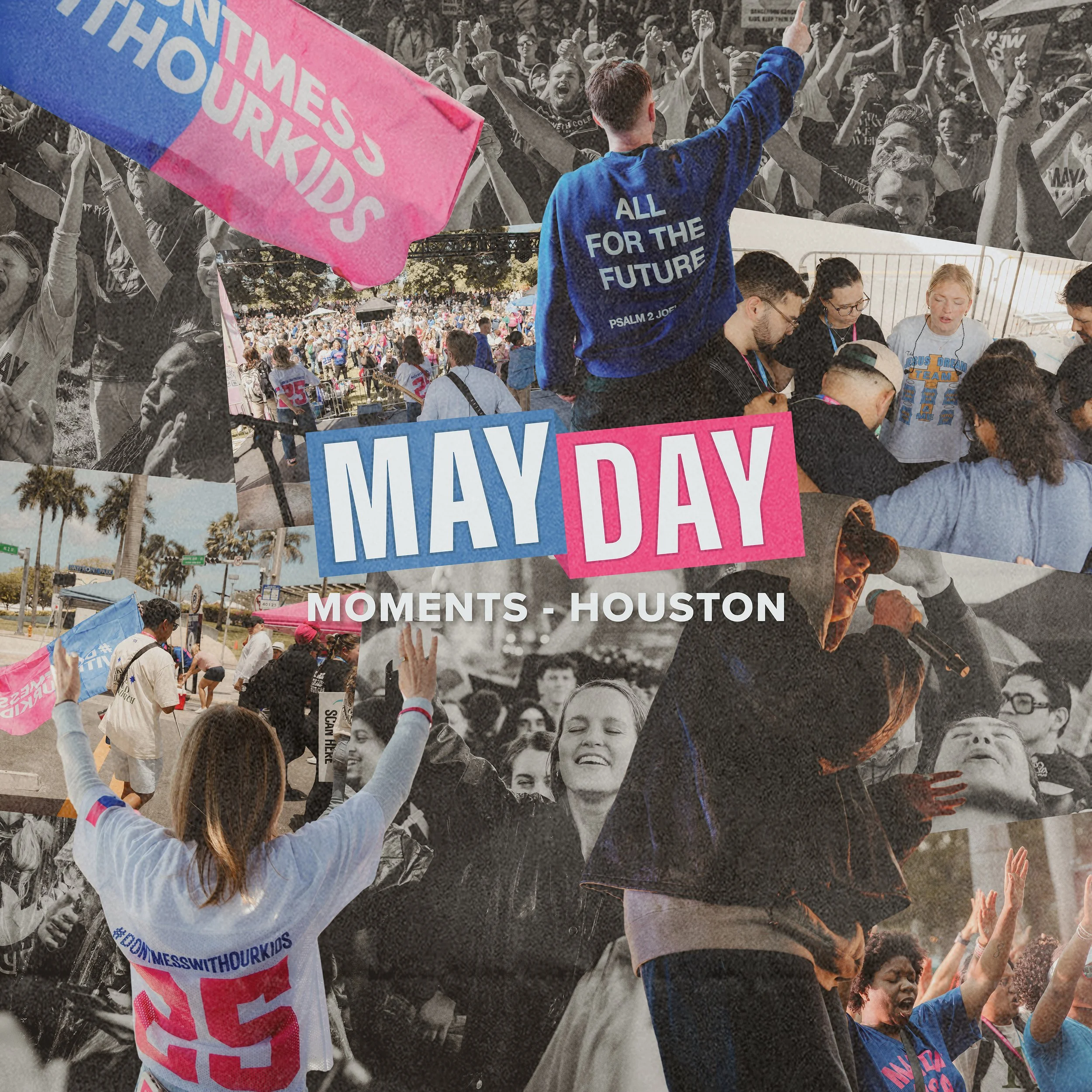 Crowd of people at a May Day rally in Houston, with a person in the foreground wearing a blue jacket that says 'All for the future.' Others are holding signs and flags, and some are raising their hands in the air.