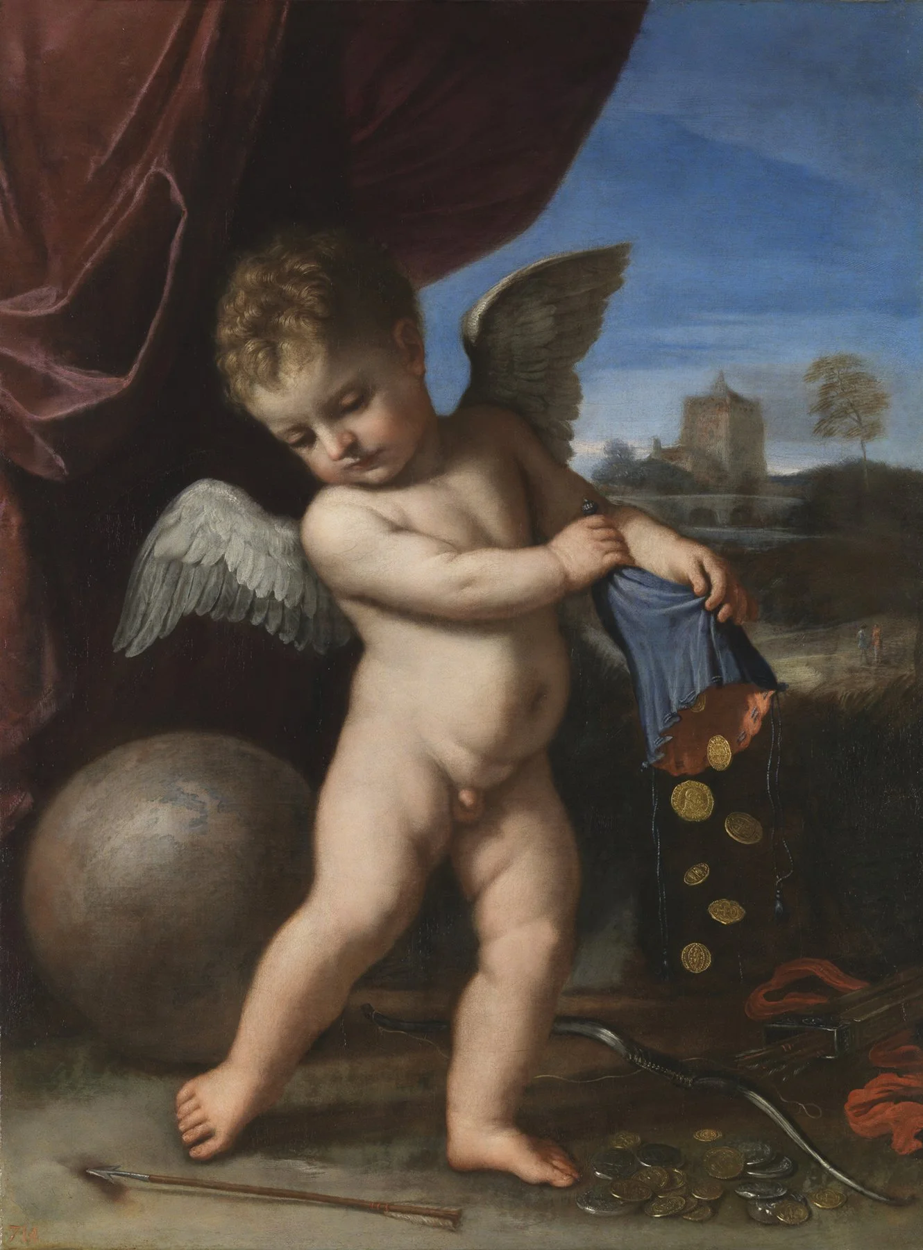 Cupid spurning riches by Italian painter, drawer and fresco painter Guercino, circa 1654.