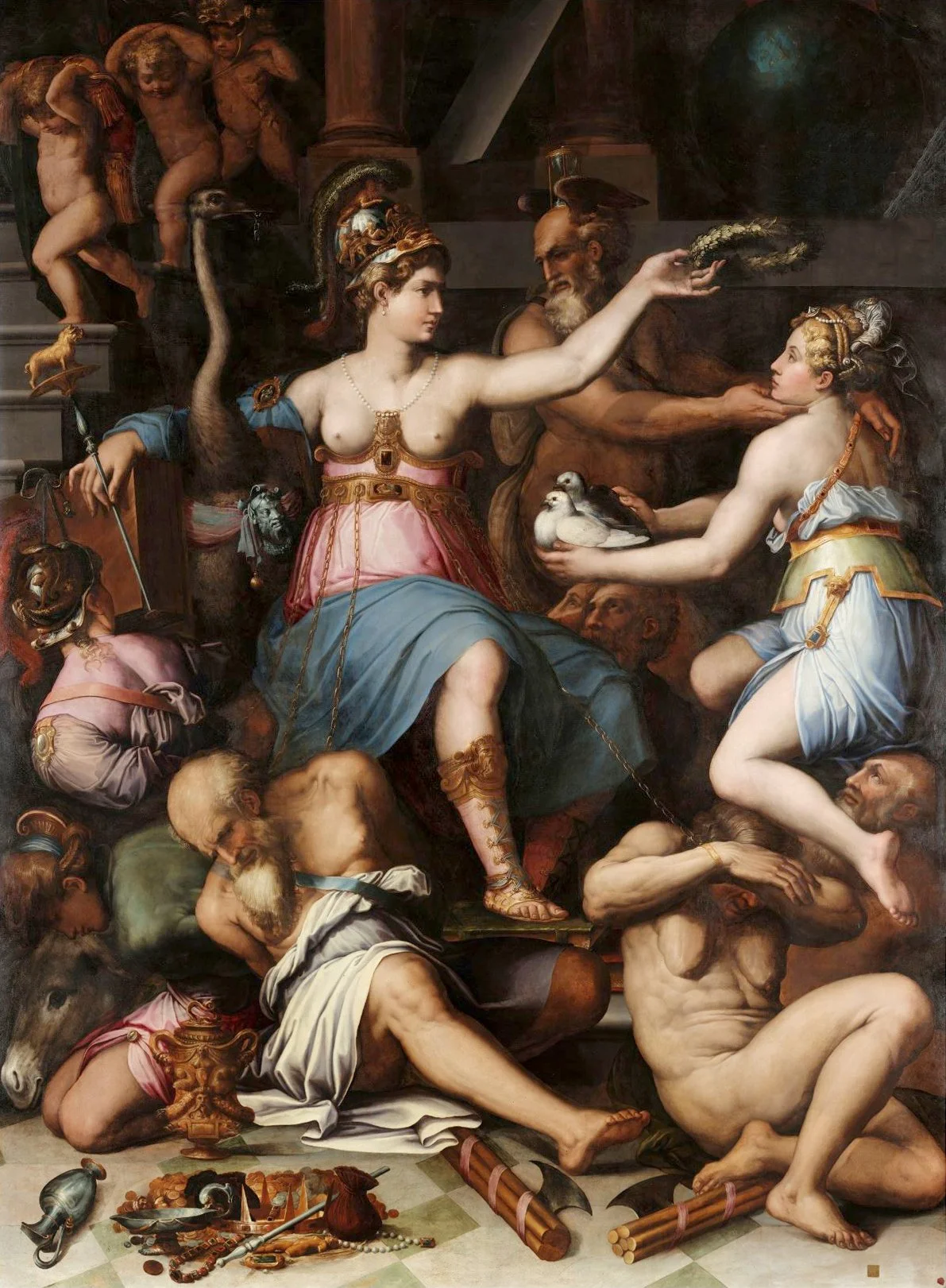 Allegory of Justice by Giorgio Vasari. The female personification of Justice is represented semi-nude in the center of the image. Personifications of the seven Vices are chained below Justice in submission, including the bearded figure of Greed peeri