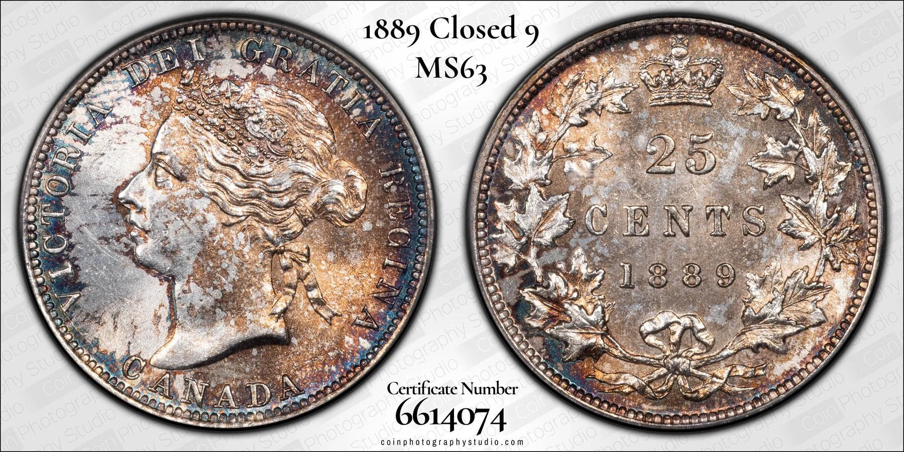 Front and back images of a 1889 Canadian 25-cent coin, showing a portrait of Queen Victoria on the obverse and a wreath surrounding the denomination and year on the reverse.