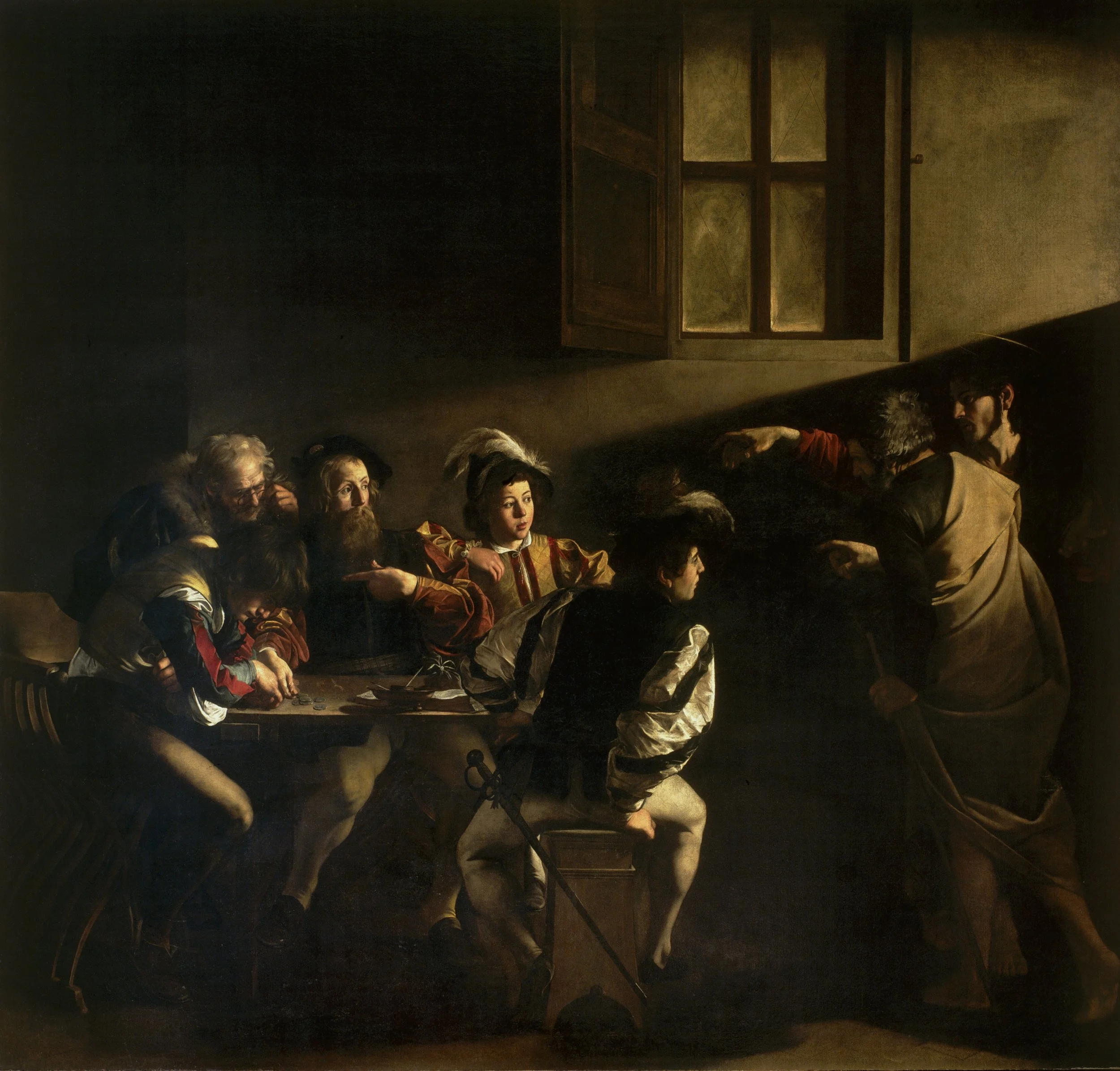 The Calling of Saint Matthew by Italian painter Michelangelo Merisi da Caravaggio, (1599-1600) Oil on Canvas.