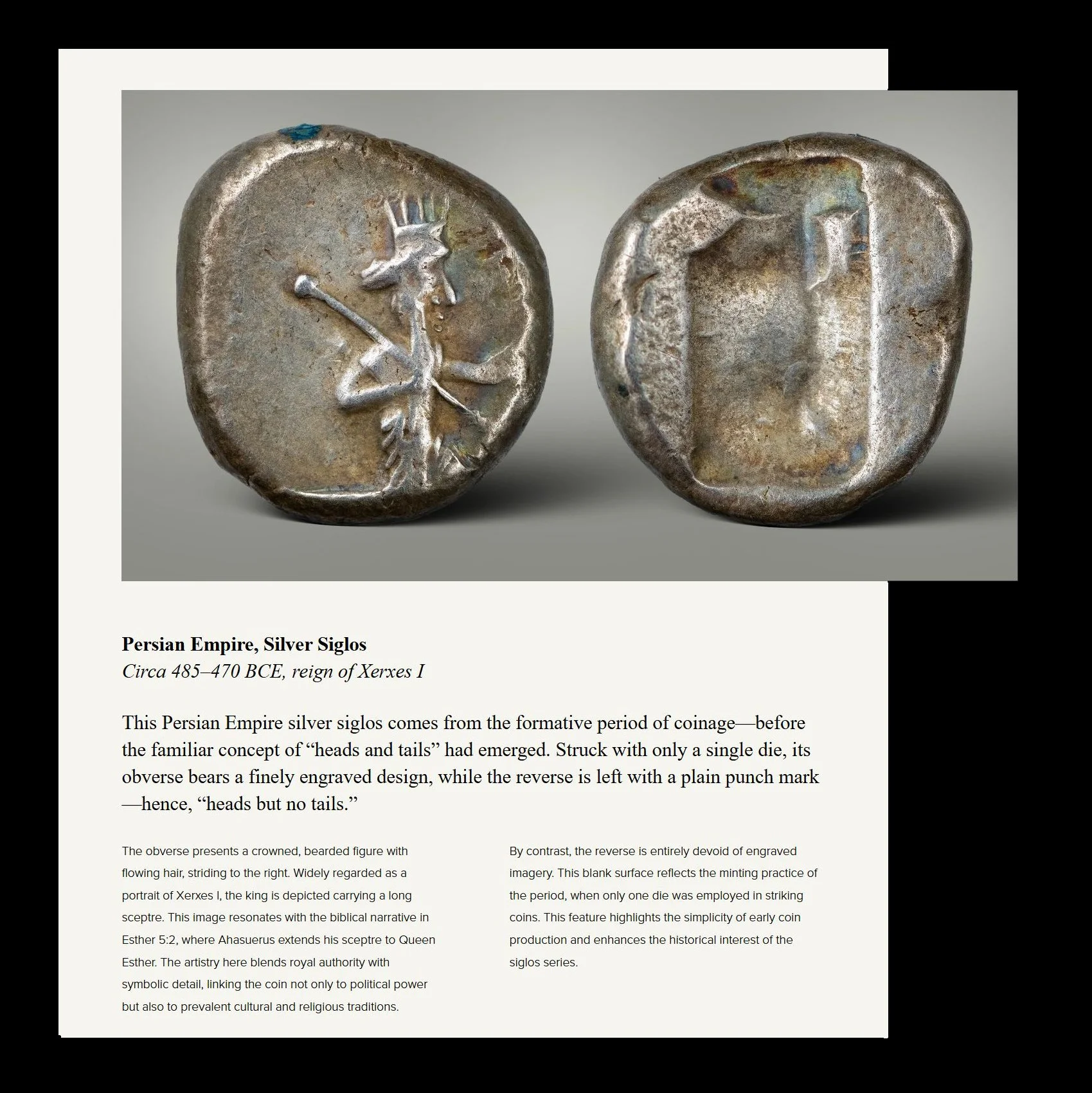 Photograph of two ancient Persian silver coins from circa 485-470 BCE, showing one with an engraved crowned bearded figure on one side and a plain punch mark on the reverse.