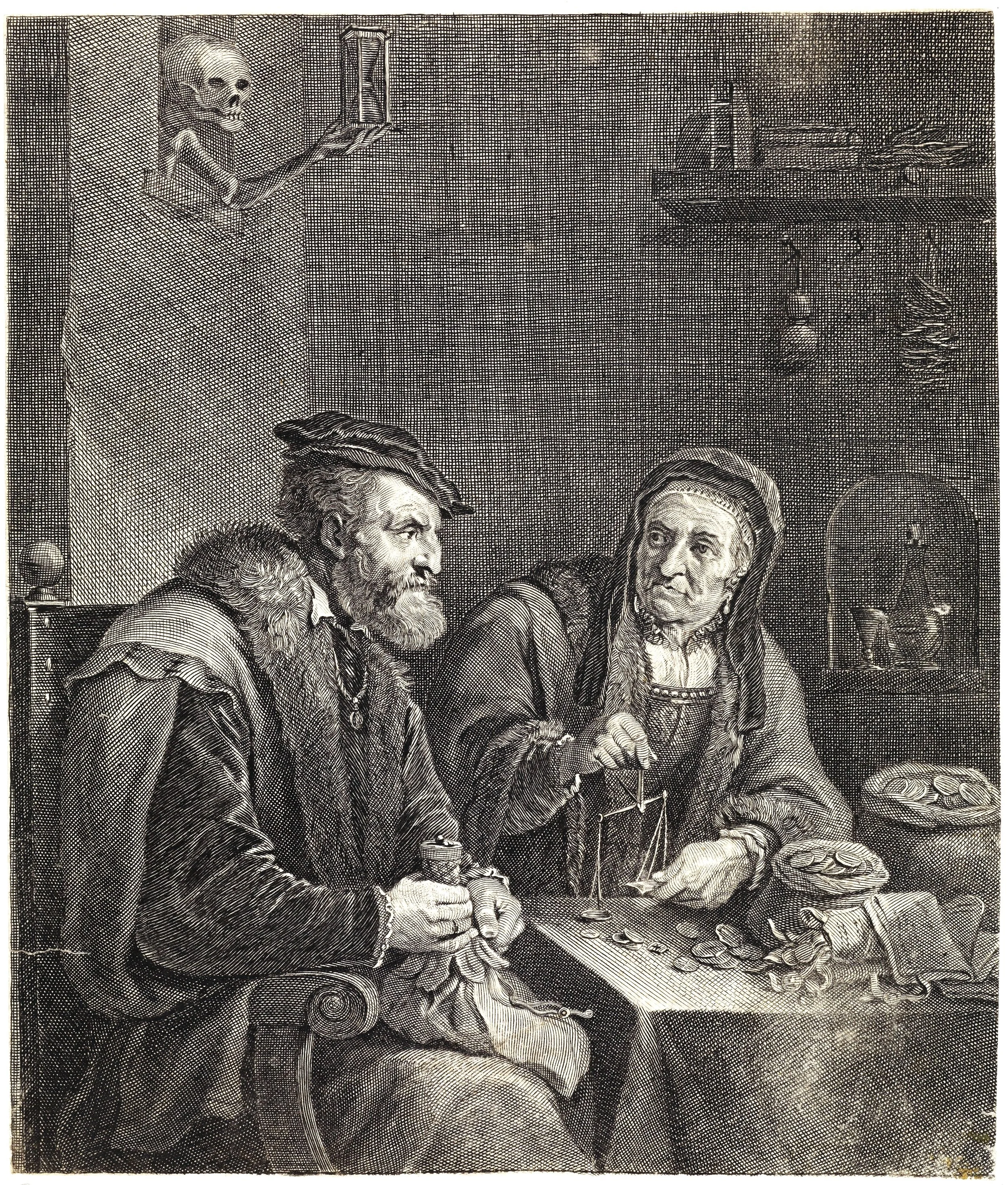 A Couple Weighing Money by Franciscus van der Stieen after David
Teniers. An engraving circa 1650. 
