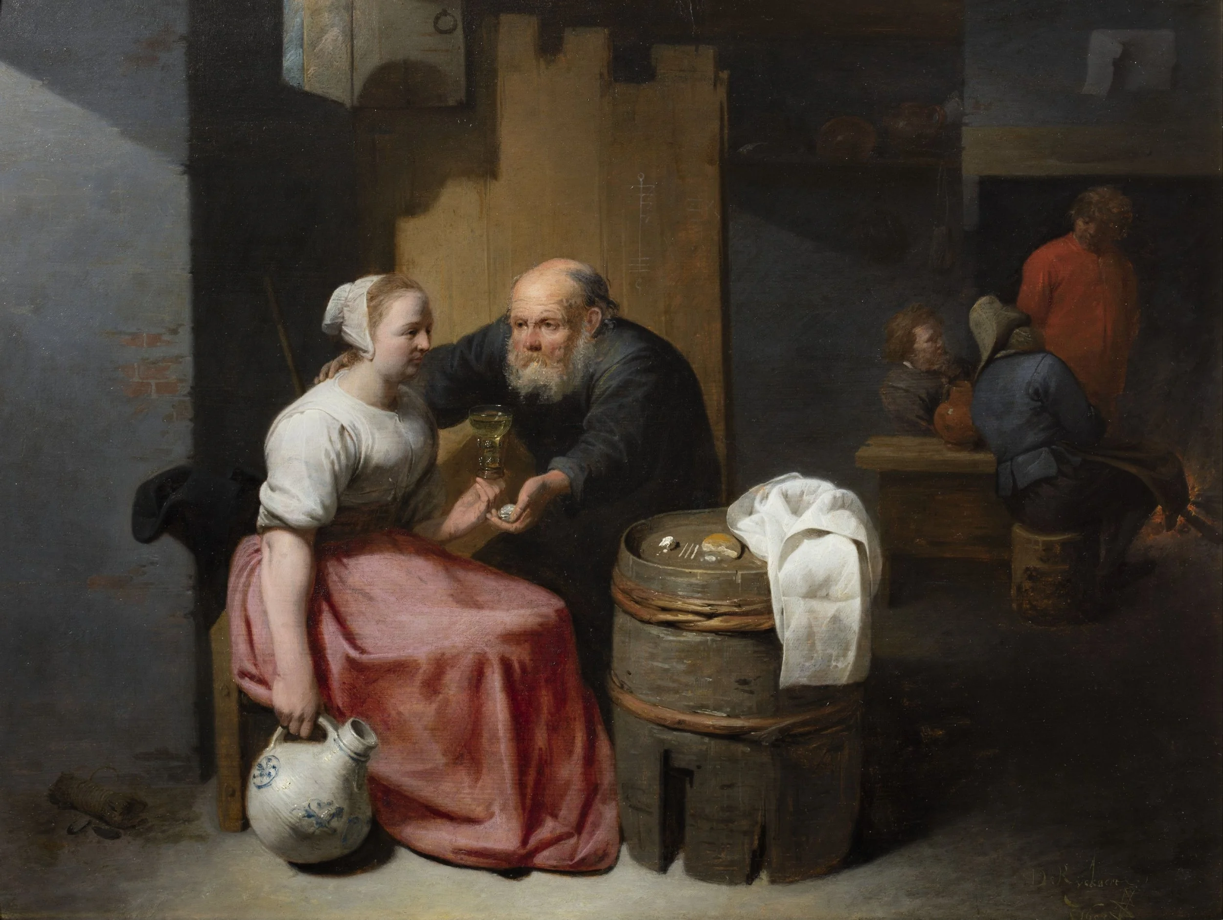The proposition by  Flemish printmaker, painter and drawer David Ryckaert (III). Oil on panel painted in 1655. 