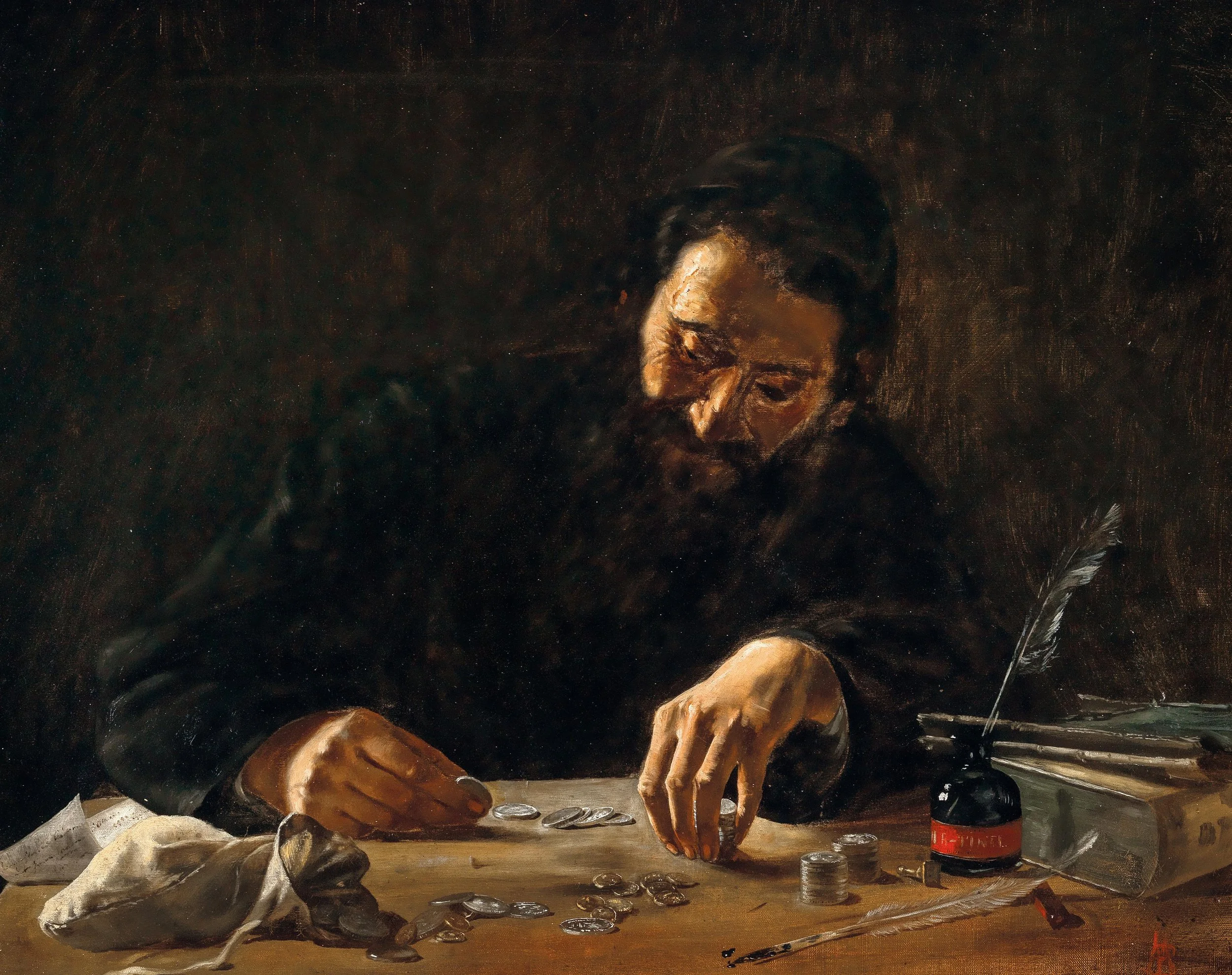 The Pawnbroker, monogrammed (joined), dated 1882, oil on canvas.