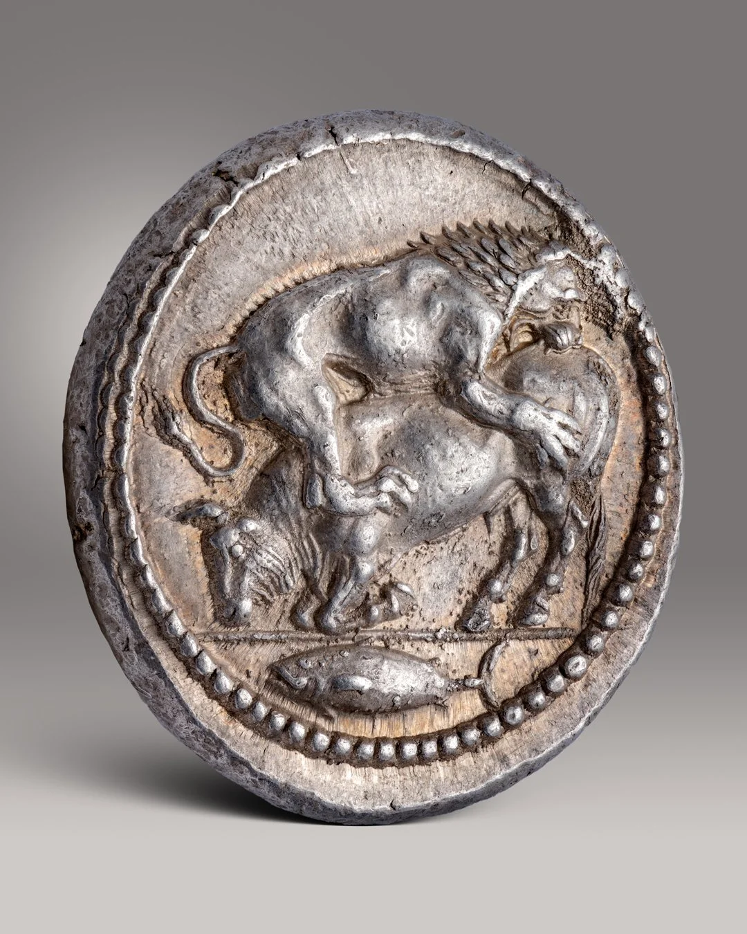 Ancient metal medallion depicting a hare attacking a fox, surrounded by a dotted border.
