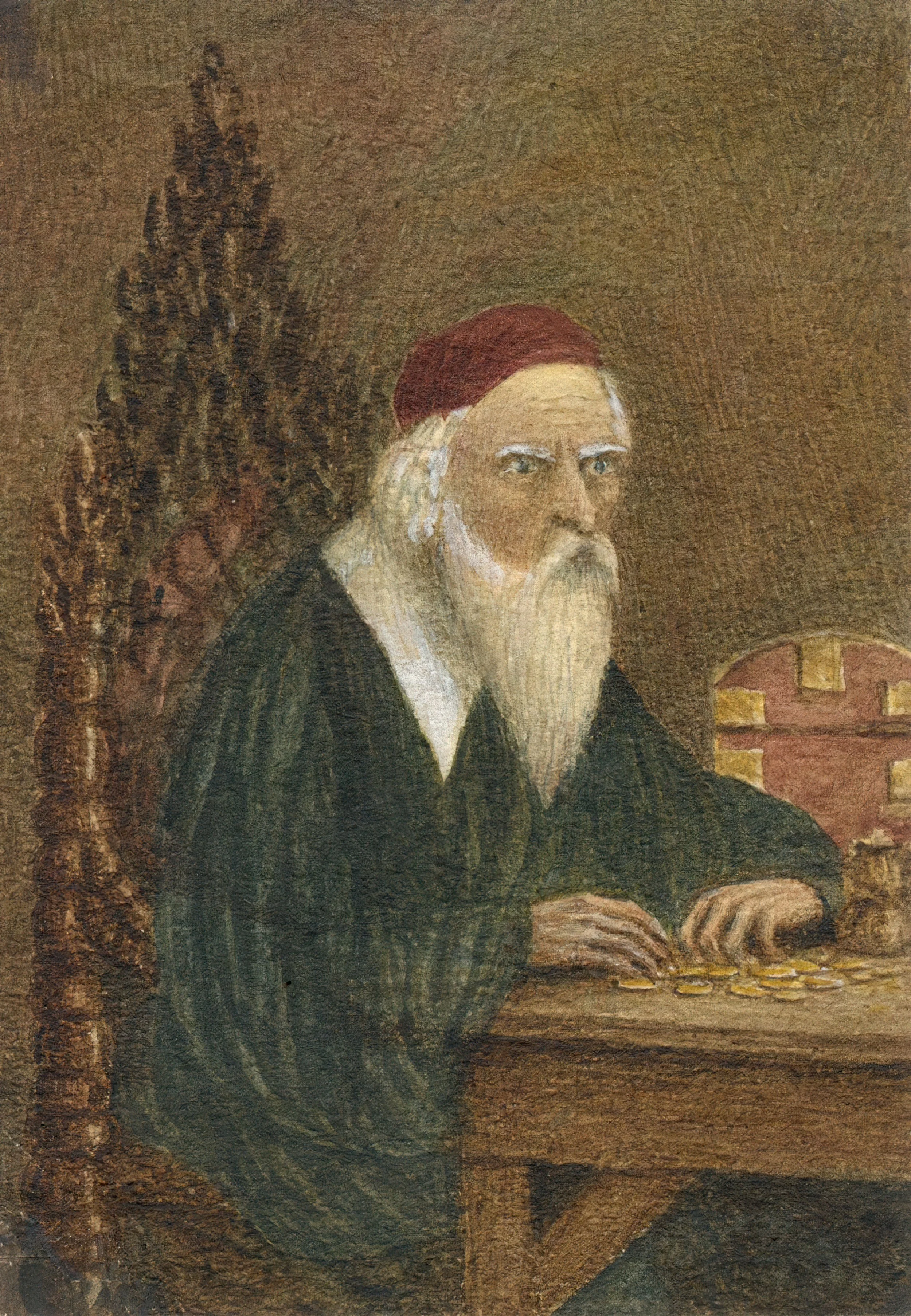 Shylock counting his coins- An late 19th-century watercolour painting, E. Venis.

A characterful portrait of a Shylock character counting his gold coins.