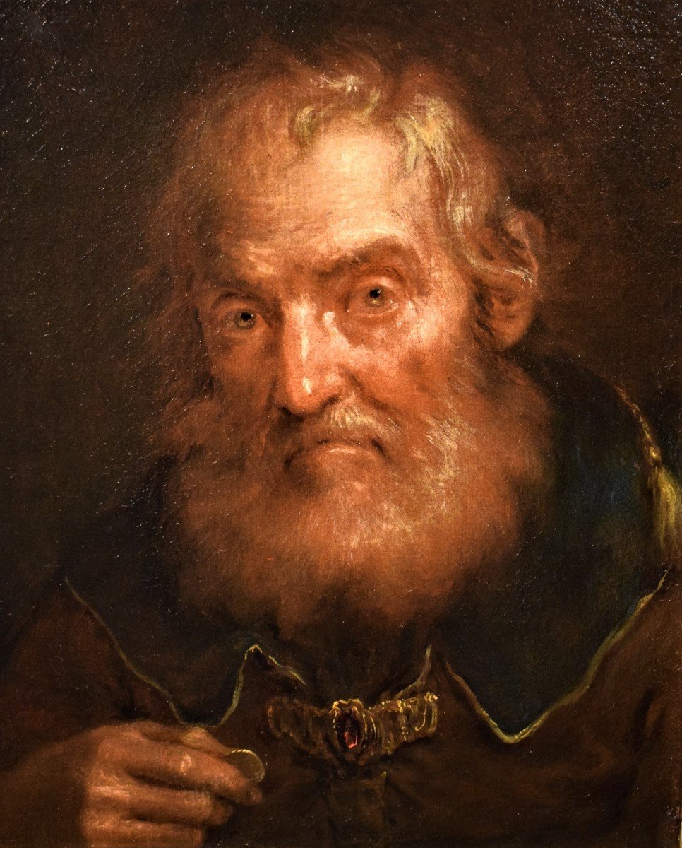 Allegory of Avarice by Italian painter Giuseppe Nogari (1699-1763). Oil on canvas painted in the 18th century. A virile portrait of extraordinary intensity depicting an old man with a penetrating gaze and glassy eyes. He is holding a gold coin in his