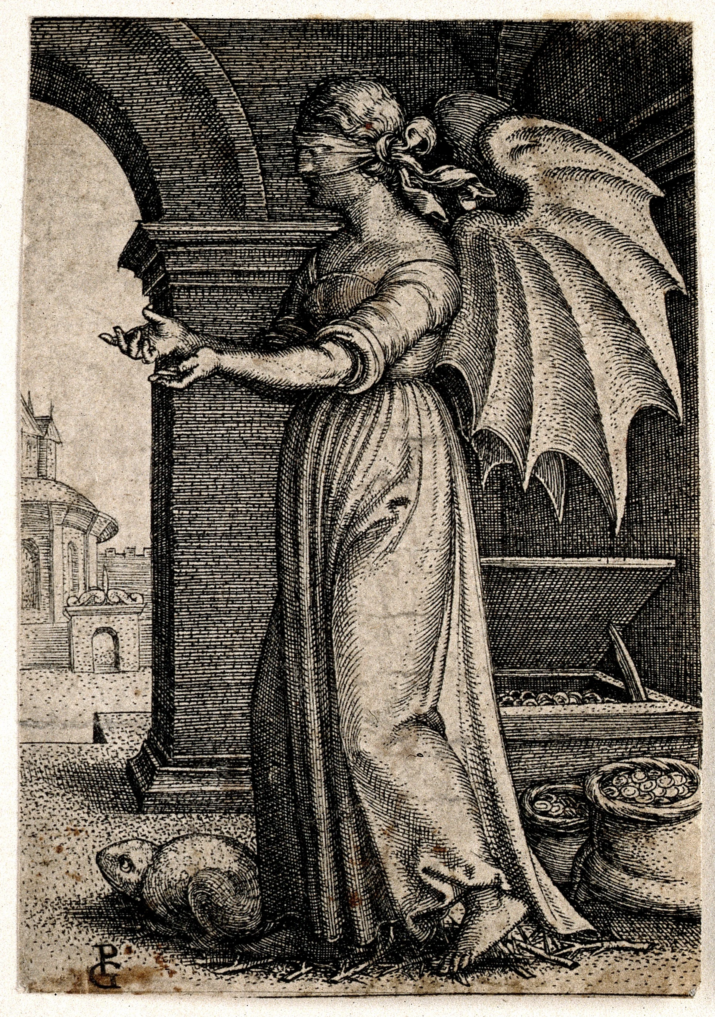 A winged, blindfolded woman; representing avarice. Engraving by G. Pencz.