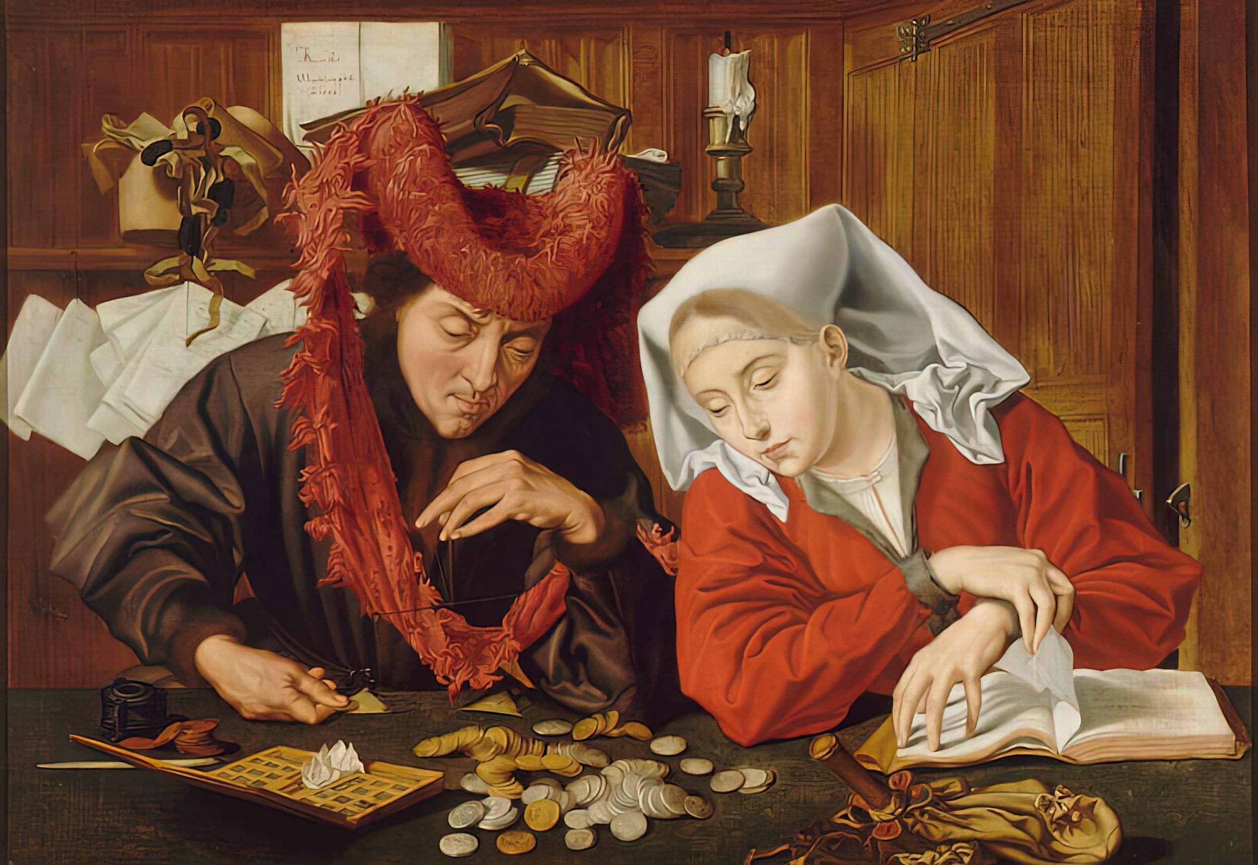 This painting version- entitled The Moneychanger and his Wife - was painted by the Dutch artist Marinus Claeszoon van Reymerswaele in 1539.  It is almost certainly an adaption of a painting of a similar name painted in 1514 by the Dutch painter Quent