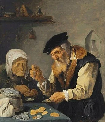 Old man and woman weighing coins by David Teniers (II) Flemish painter, drawer, printmaker, miniaturist and copyist- oil on wood panel painted between 1645 and 1650. At Christie’s Jan. 28, 2015, this painting brought $87,500.  The lot description fra