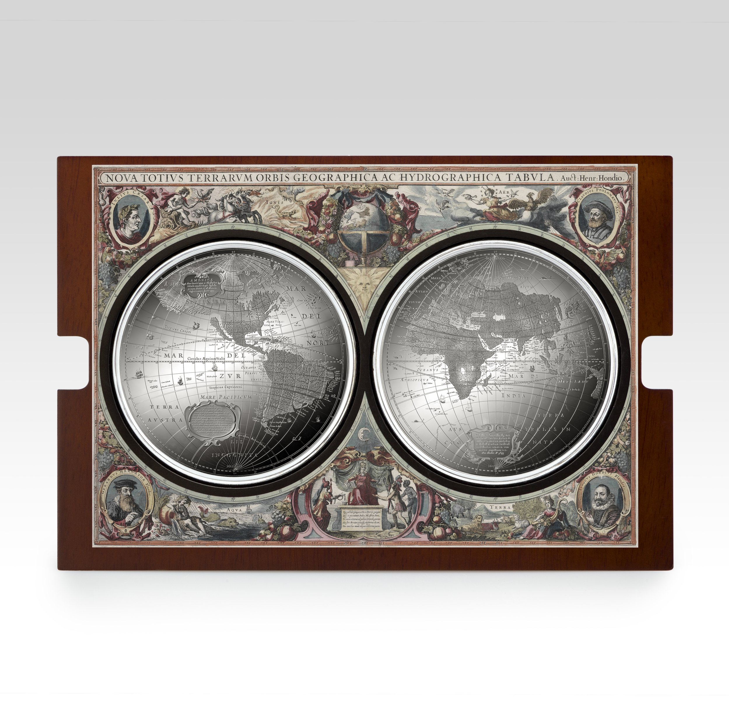 Antique double globe globe with ornate decorative borders surrounding two large silver globes of the world, mounted on a wooden frame.