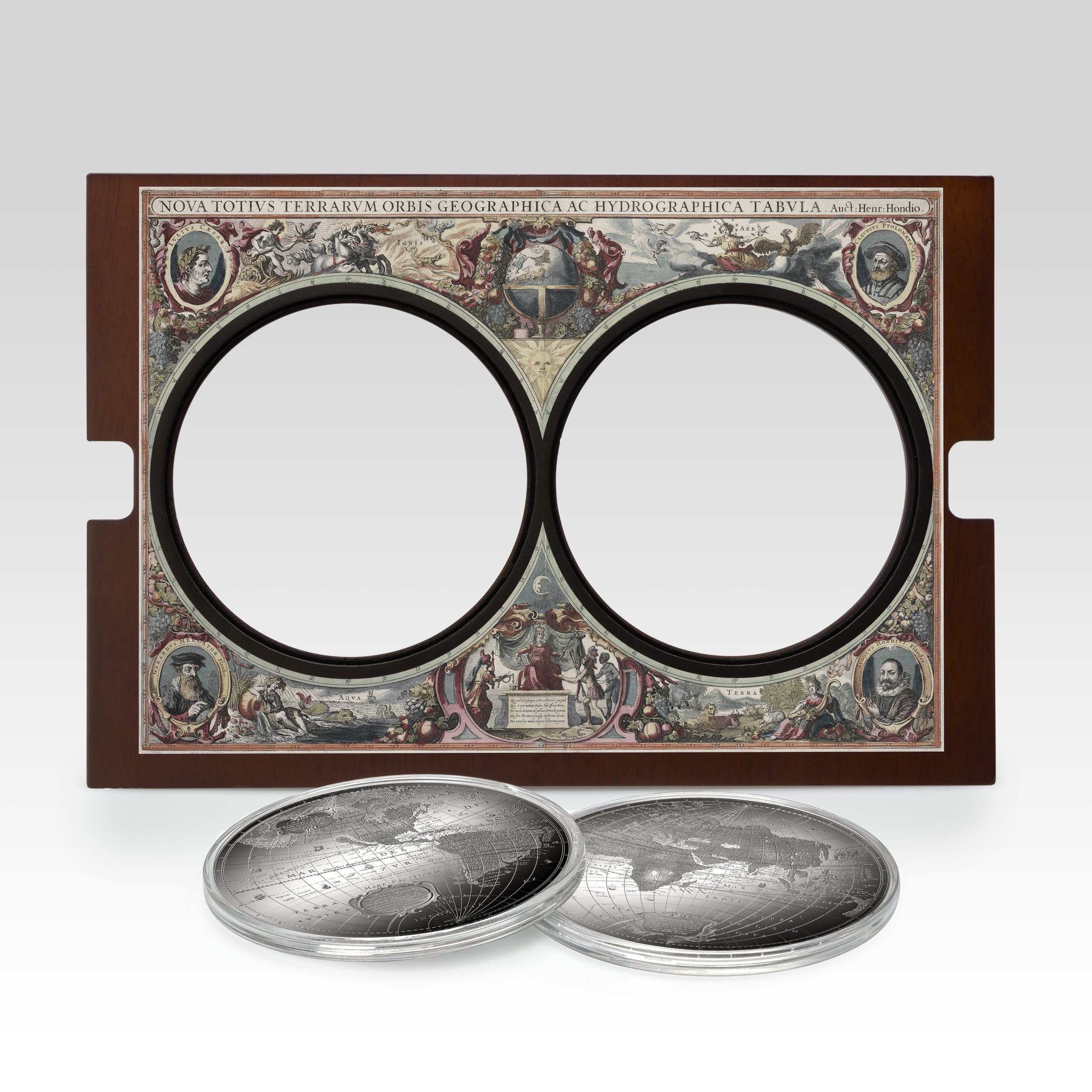 Decorative frame featuring historical illustrations and portraits with two silver globe coasters in front.