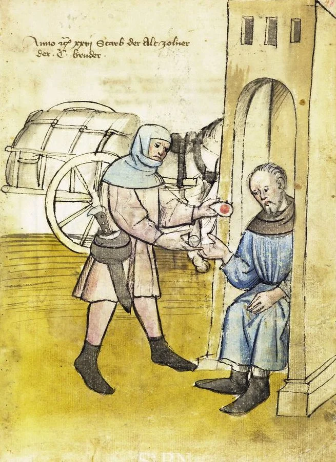 The old customs officer sits in a gatehouse and accepts coinage for the customs fee from a carter who is dressed in a doublet and hooded collar and also has a long knife tied around his neck. This is to be paid for the goods lying on the team of hors