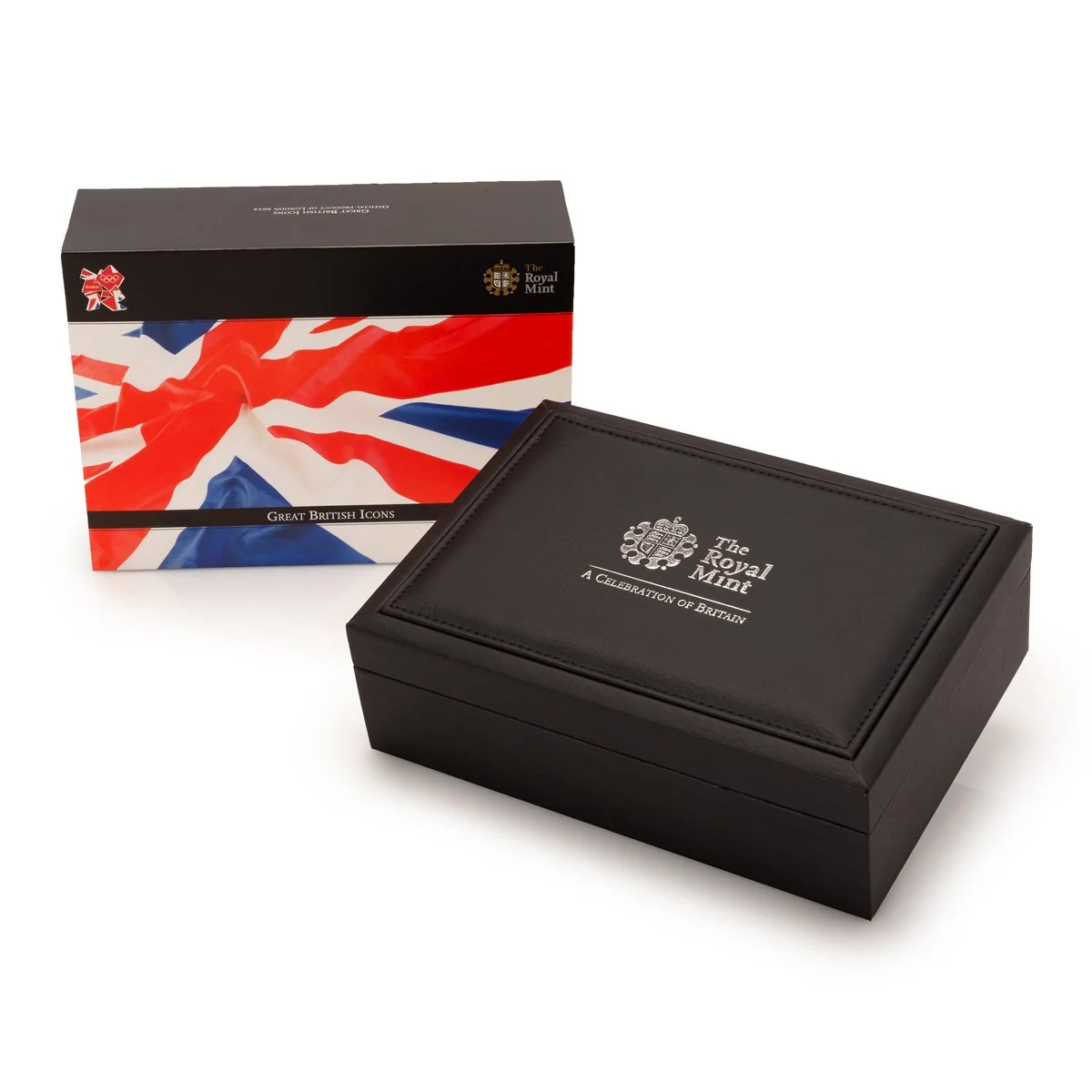 Black box with silver text and emblem reading 'The Royal Mint, A Celebration of Britain' in front of a cardboard box with Union Jack flag design and the 'The Royal Mint' logo.