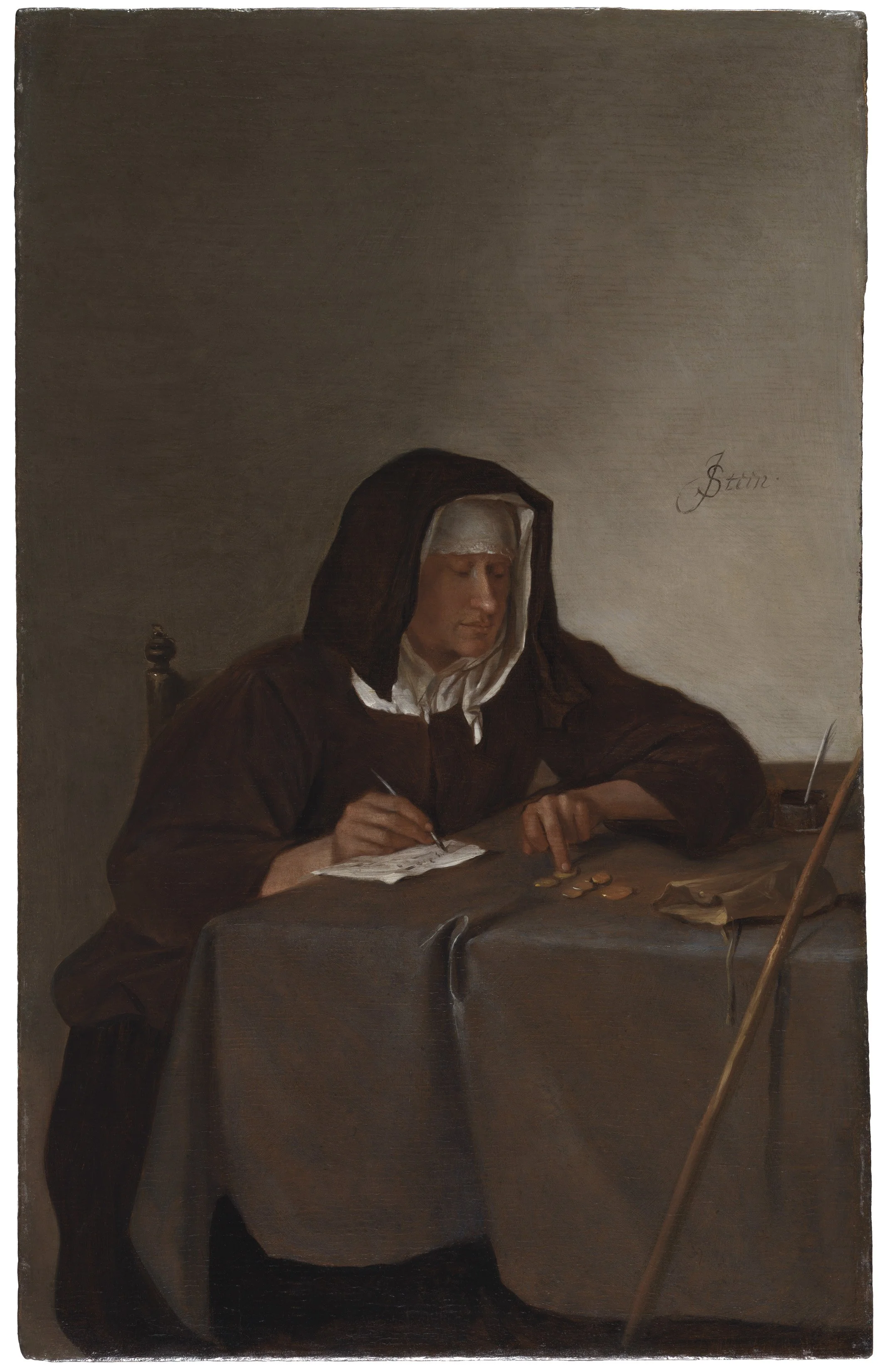 A Woman Counting Coins by Jan Steen-1665- A seated woman counts the money lying before her next to an open purse on a table, and carefully records the result with a pen on a piece of paper. Counting money is generally associated with the theme of ava